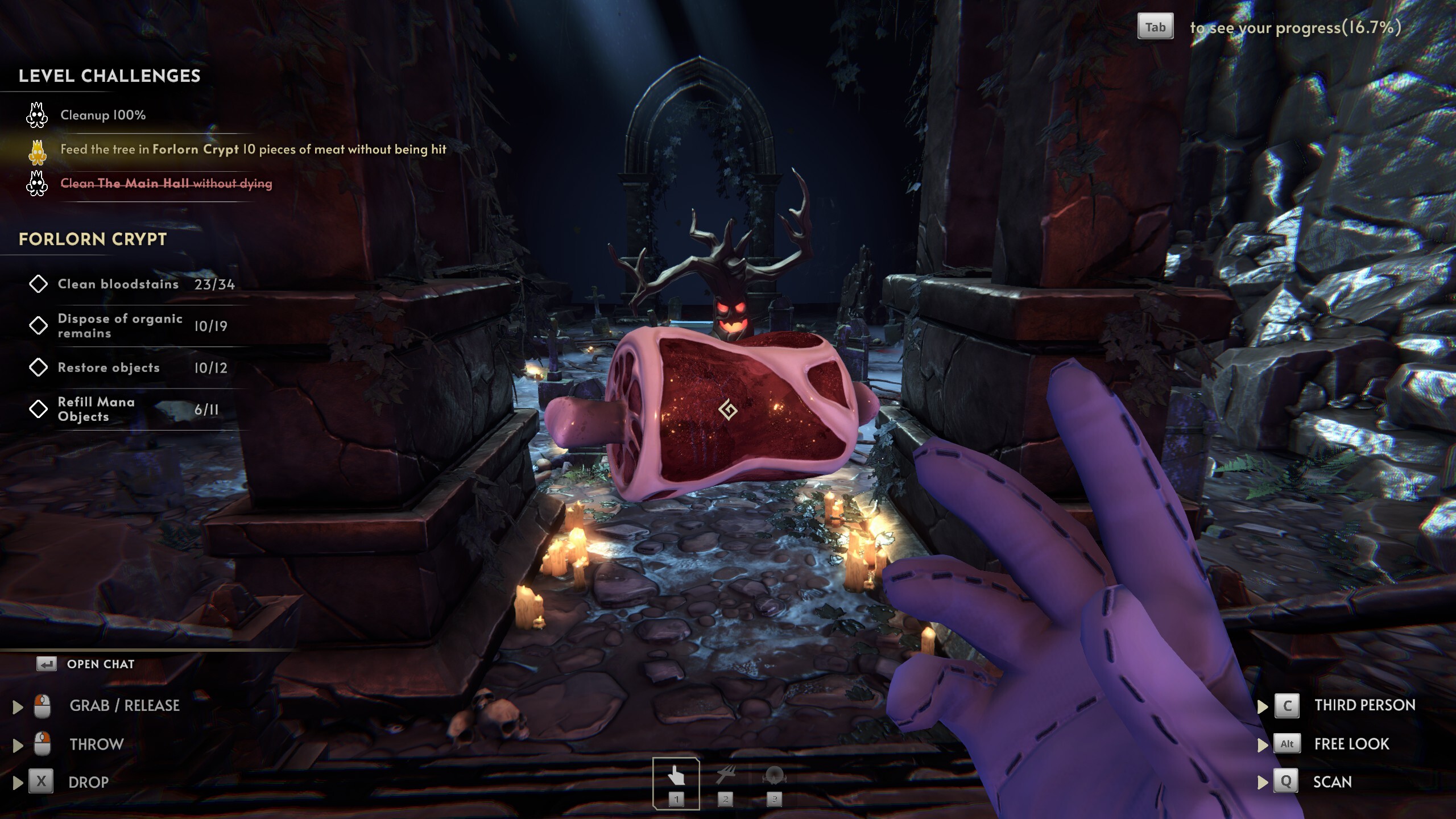 Feeding a piece of meat to an angry tree.