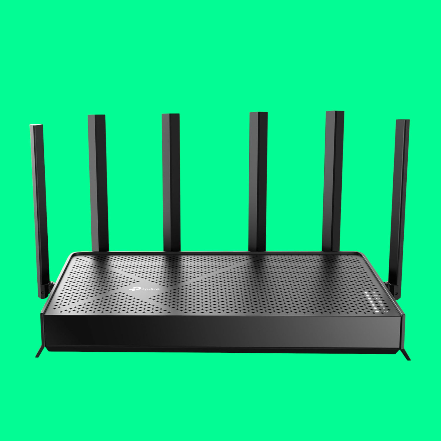 An image of a TP-Link Archer BE9700 gaming router against a vivid green background.