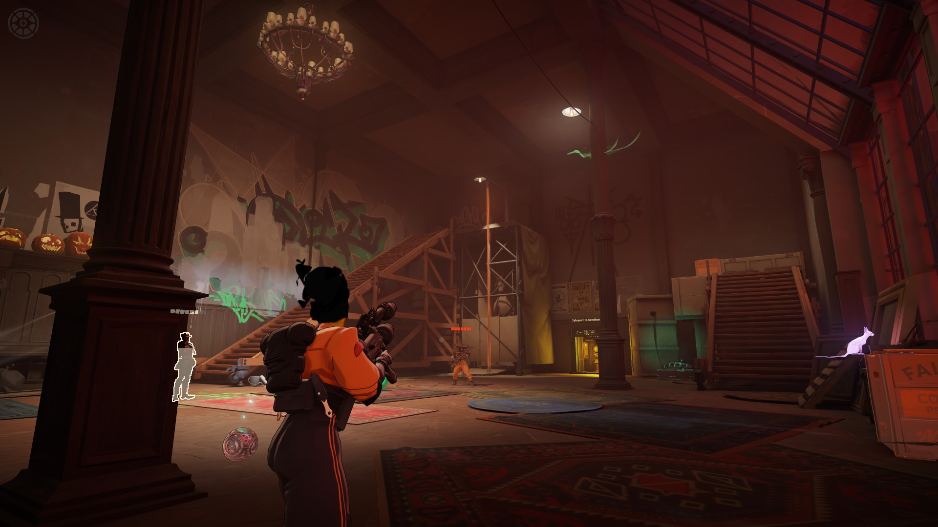 Various images of the hideout in Deadlock; a play shrine, a cosy shop, and a testing room.