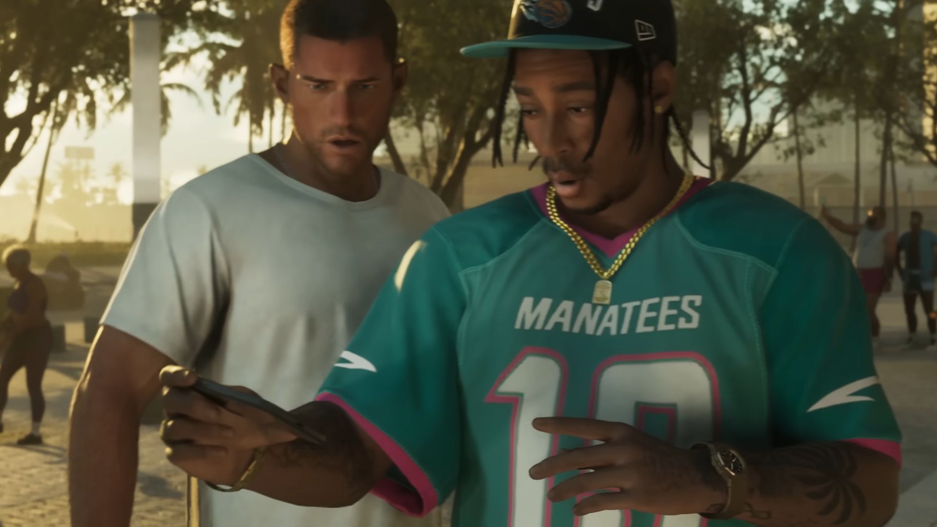 Jason Duval and a friend from Grand Theft Auto 6. They're standing side by side looking at the man's phone and seem surprised by what they see.