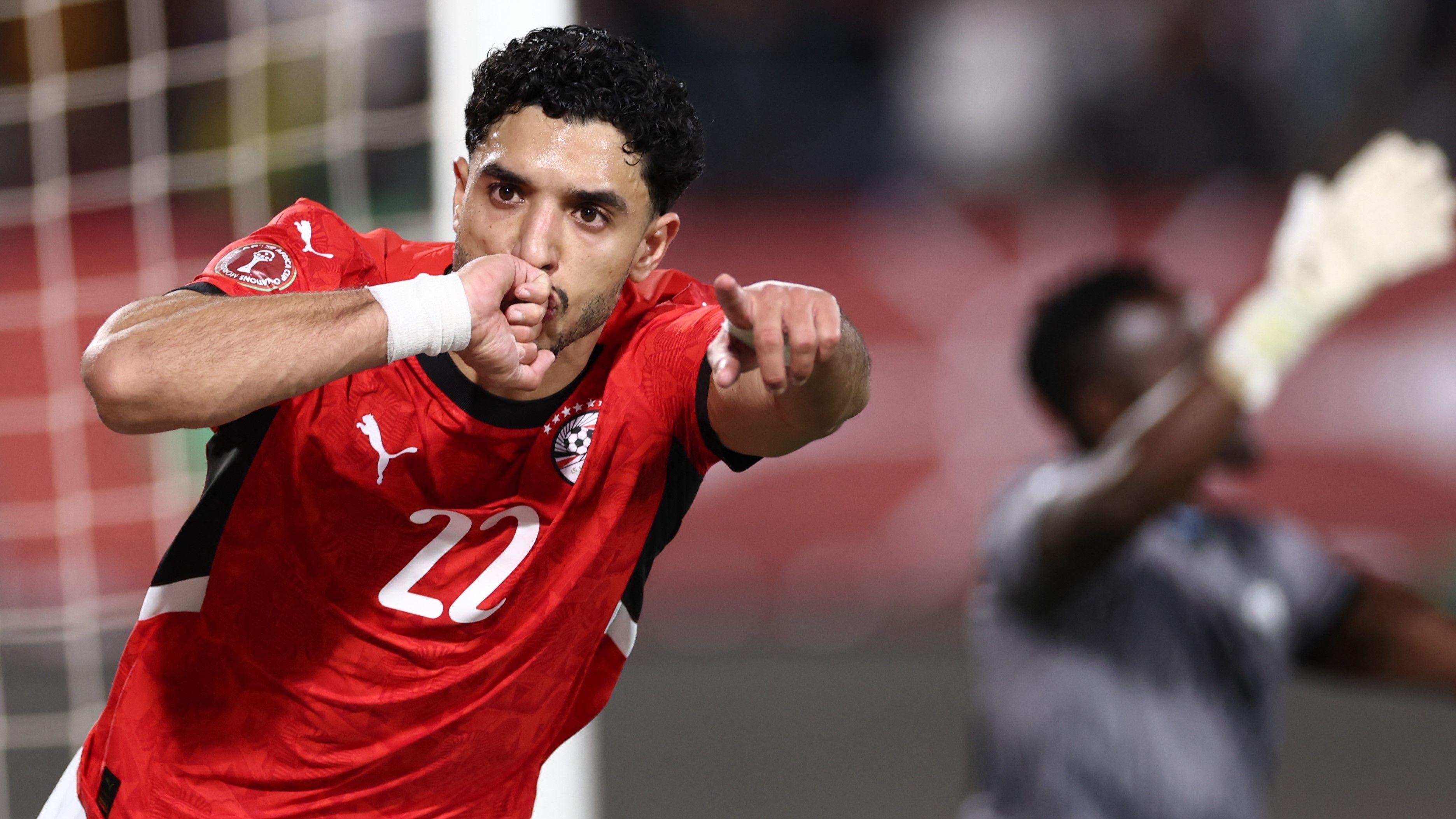 Striker Omar Marmoush runs away celebrating a goal for Egypt against Zimbabwe at the 2025 Africa Cup of Nations