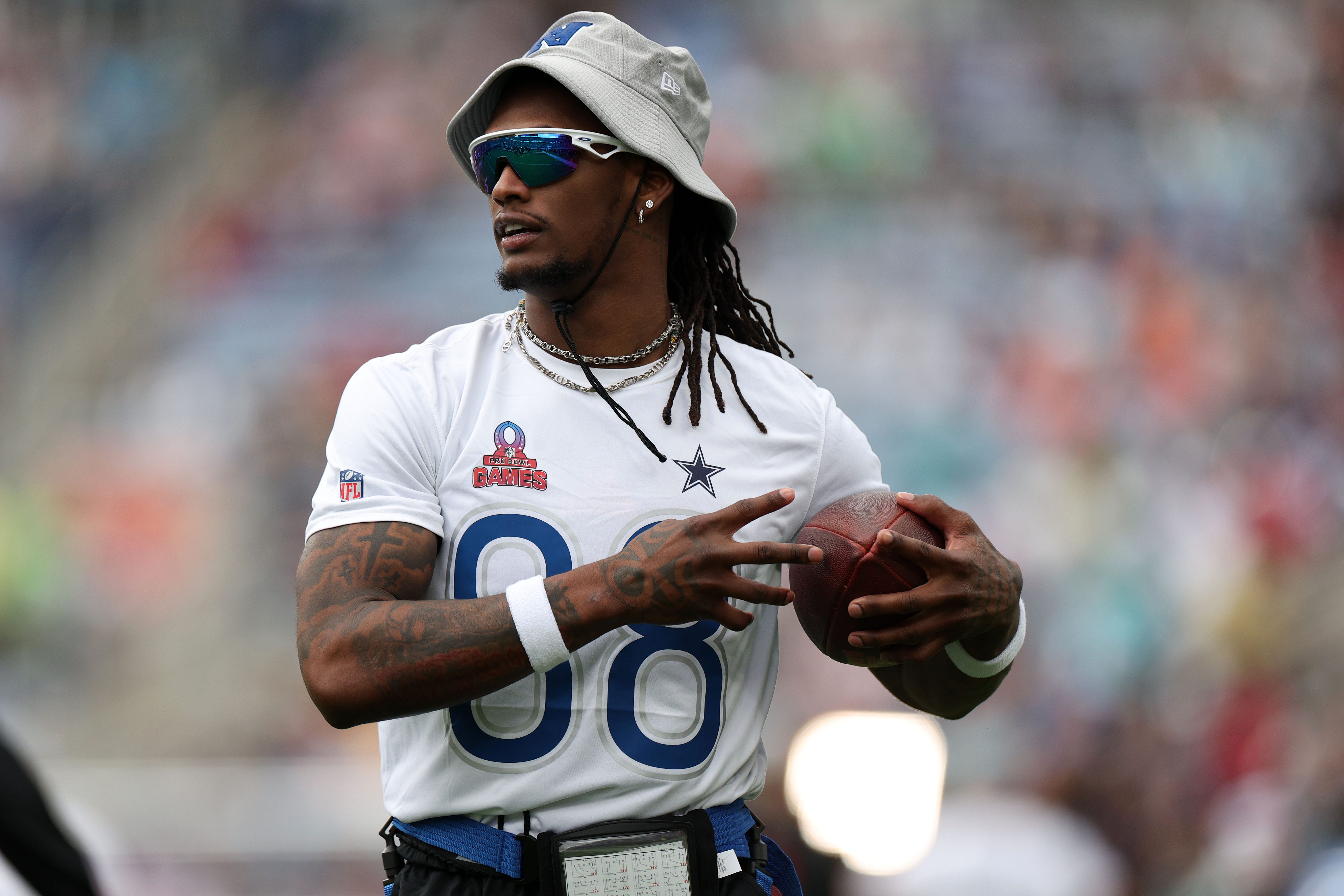 Feb 4, 2024; Orlando, FL, USA; NFC wide receiver CeeDee Lamb (88) of the Dallas Cowboys before the 2024 Pro Bowl at Camping World Stadium. Mandatory Credit: Nathan Ray Seebeck-USA TODAY Sports