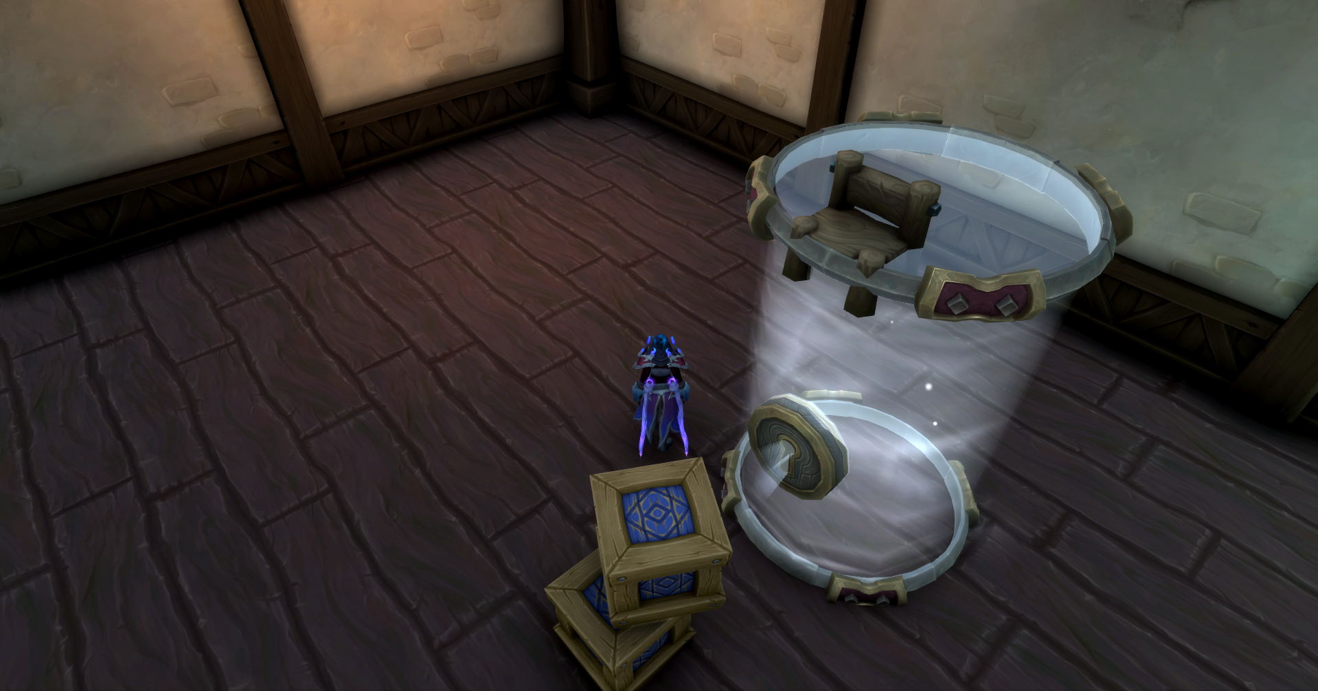 Several screenshots showing how to clip a chair into an object in World of Warcraft, allowing a player to be posed as if they are sitting on the object itself.
