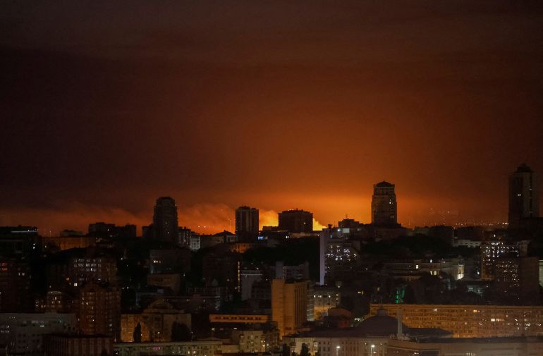 An explosion of a drone lights up the sky over the city during a Russian drone and missile strike, amid Russia's attack on Ukraine, in Kyiv, Ukraine July 10, 2025. REUTERS/Gleb Garanich