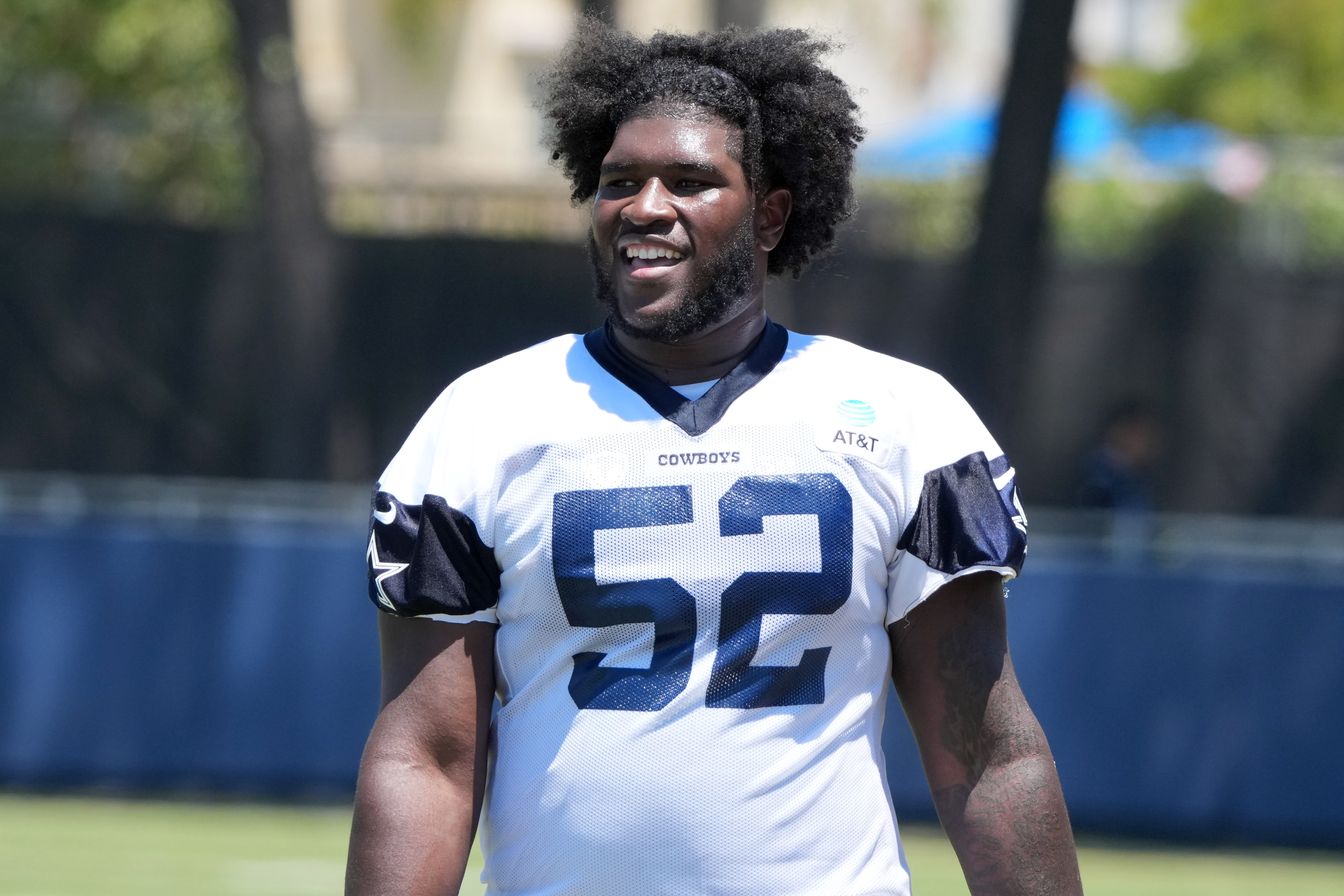 Jul 26, 2025; Oxnard, CA, USA; Dallas Cowboys guard Tyler Booker (52) at training camp at the River Ridge Fields. Mandatory Credit: Kirby Lee-Imagn Images