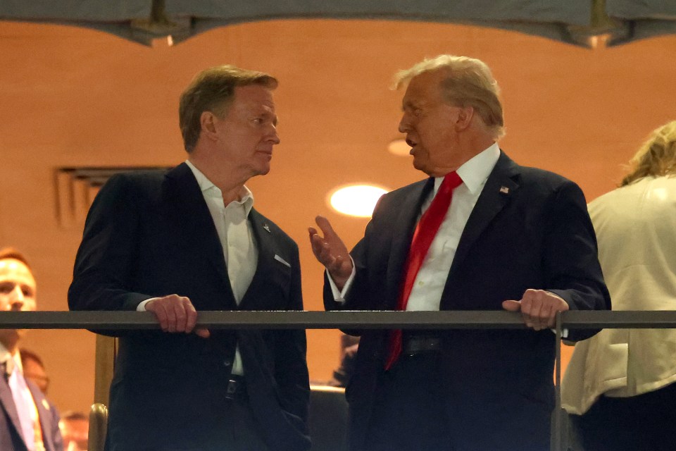 NEW ORLEANS, LOUISIANA - FEBRUARY 09: Commissioner of the NFL Roger Goodell (L) meets with U.S. President Donald Trump before Super Bowl LIX between the Kansas City Chiefs and the Philadelphia Eagles at Caesars Superdome on February 09, 2025 in New Orleans, Louisiana. (Photo by Gregory Shamus/Getty Images)
