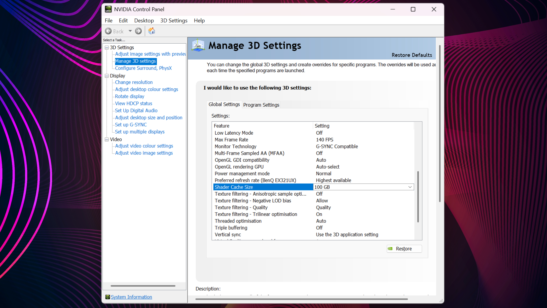 A screenshot of Nvidia Control Panel, showing the Shader Cache Size setting at 100 GB