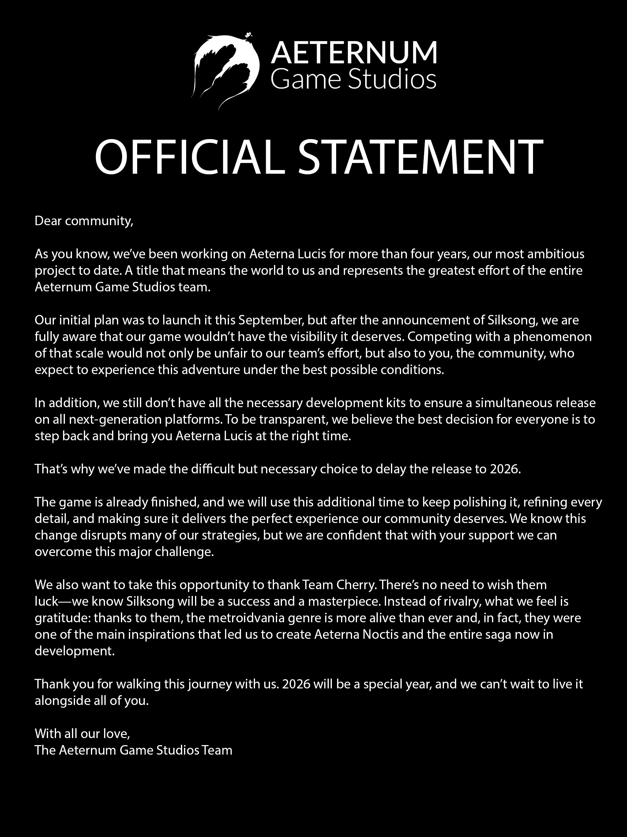 Aeterna Lucis delay announcement - now set for release sometime in 2026