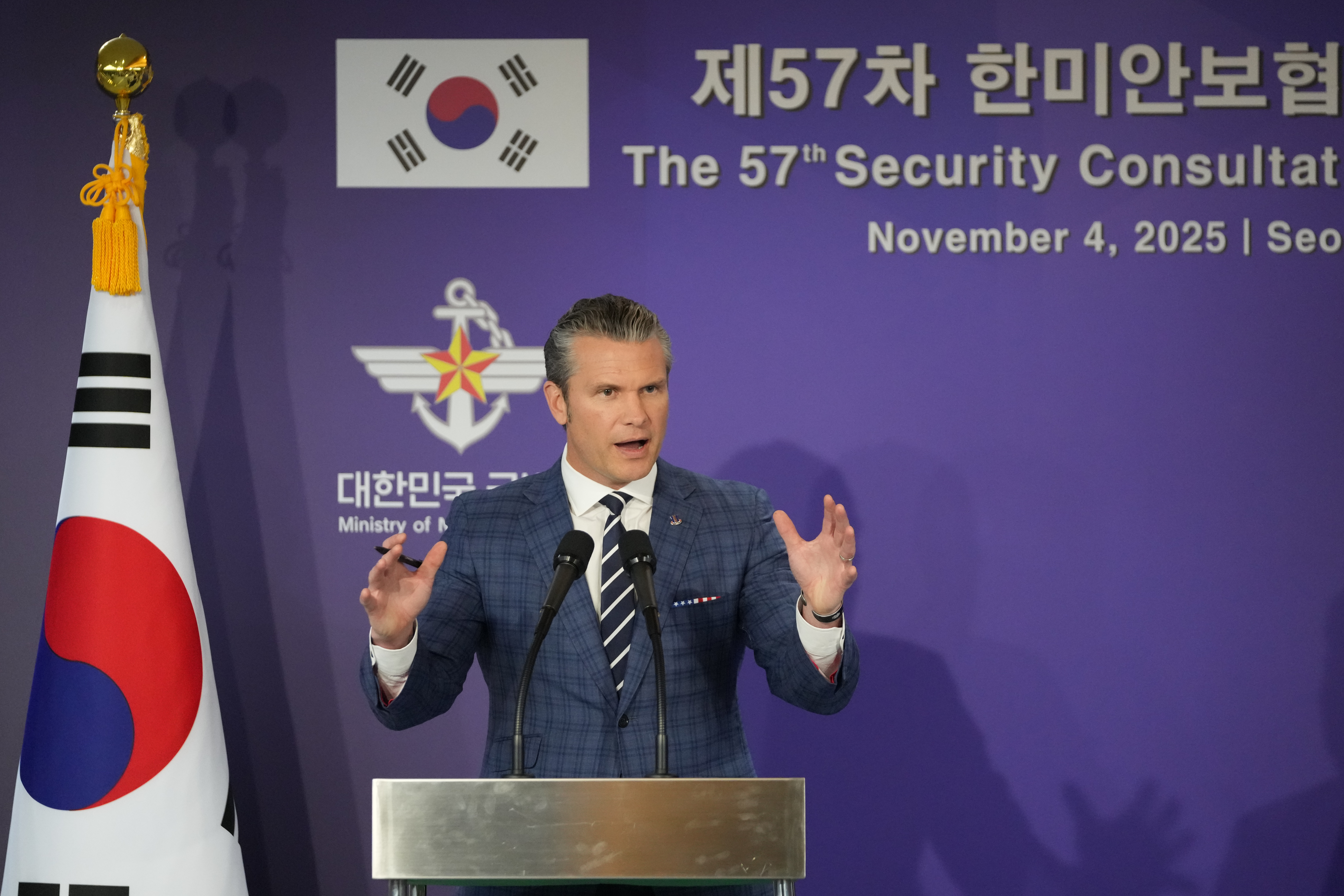 SEOUL, SOUTH KOREA - NOVEMBER 04: U.S. Defense Secretary Pete Hegseth speaks during a joint press conference with South Korean Defense Minister Ahn Gyu-back, following the 57th Security Consultative Meeting at the Defense Ministry on November 04, 2025 in Seoul, South Korea. The defense chiefs of South Korea and the United States were set to hold their annual security talks in Seoul to discuss a range of security issues, such as how to modernize the decadeslong alliance between the two nations. (Photo by Lee Jin-man - Pool/Getty Images)