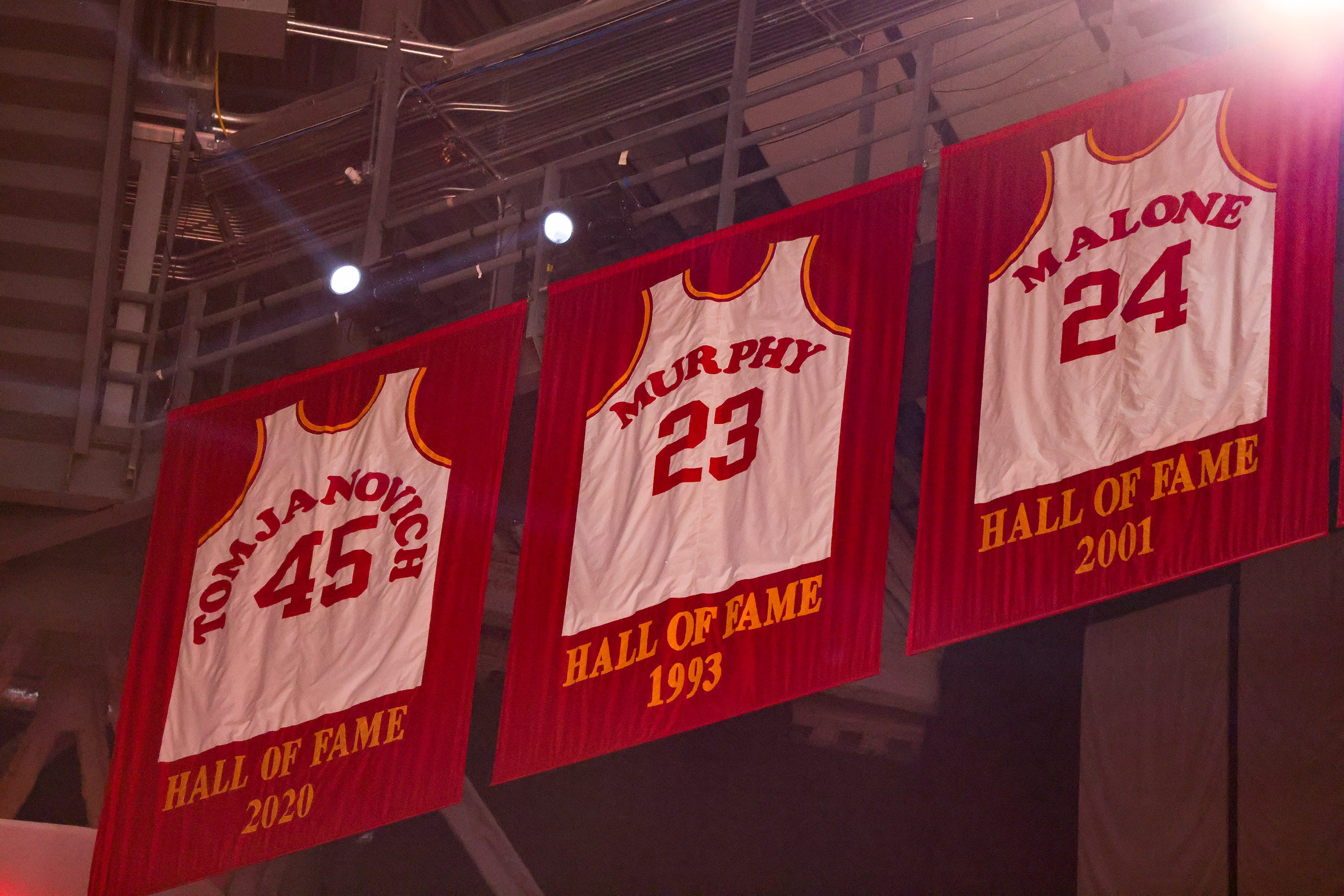 Dec 16, 2021; Houston, Texas, USA; Former Houston Rockets Rudy Tomjanovich jersey hangs from the rafters as the Rockets play against the New York Knicks in the third quarter at Toyota Center. Mandatory Credit: Thomas Shea-USA TODAY Sports