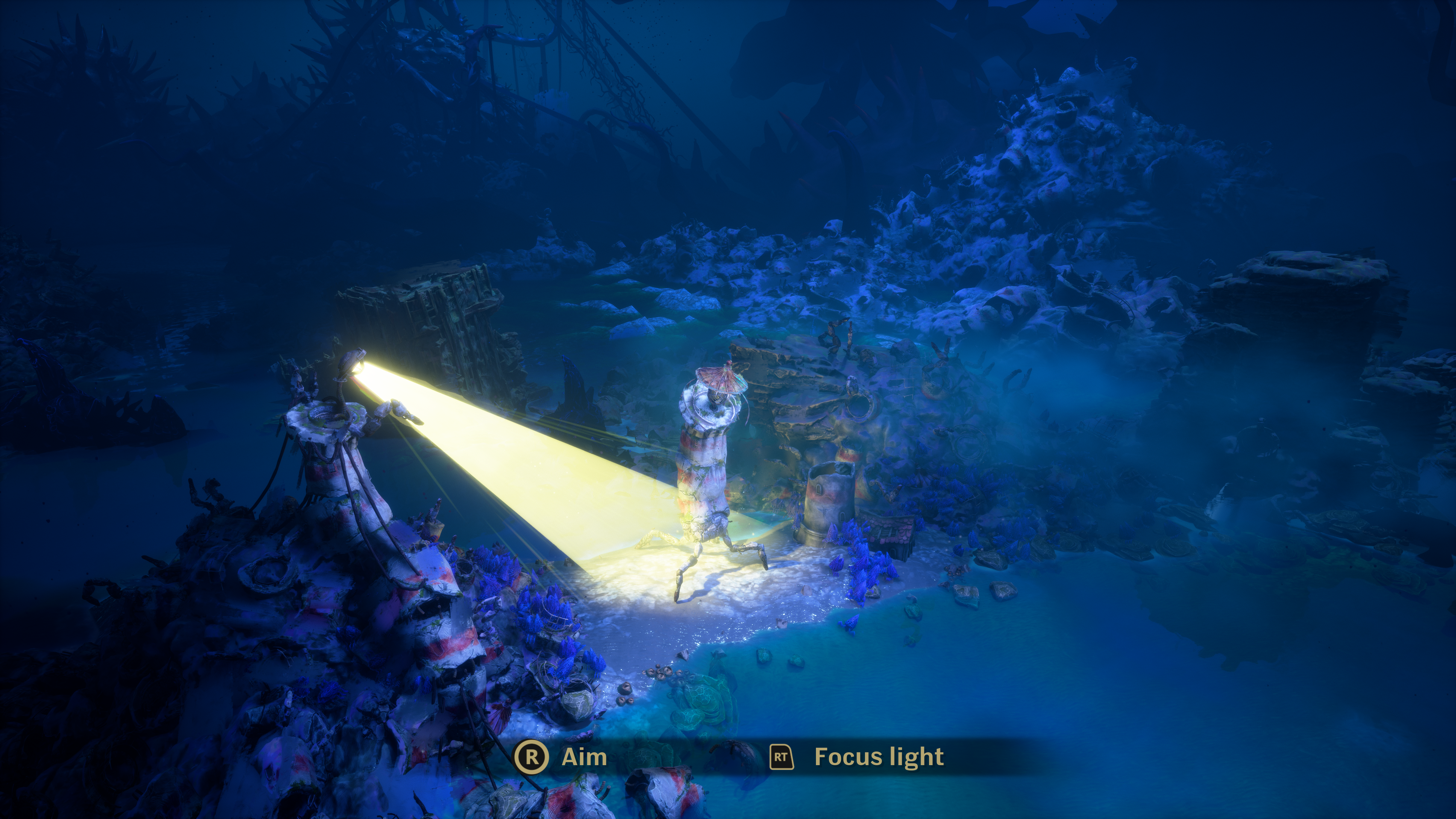 A screenshot of Double Fine's Keeper. A twisted lighthouse shines a beam of light in a dark murky area.