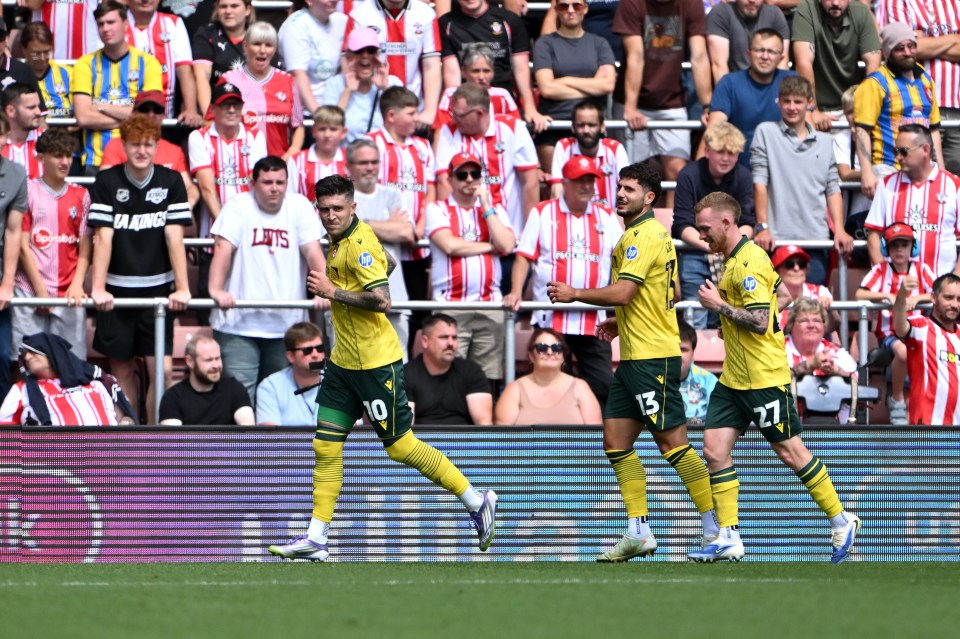 SOUTHAMPTON, ENGLAND - AUGUST 09: Josh Windass of Wrexham celebrates scoring his team's first goal from the penalty spot during the Sky Bet Championship match between Southampton and Wrexham AFC at St Mary's Stadium on August 09, 2025 in Southampton, England. (Photo by Dan Mullan/Getty Images)