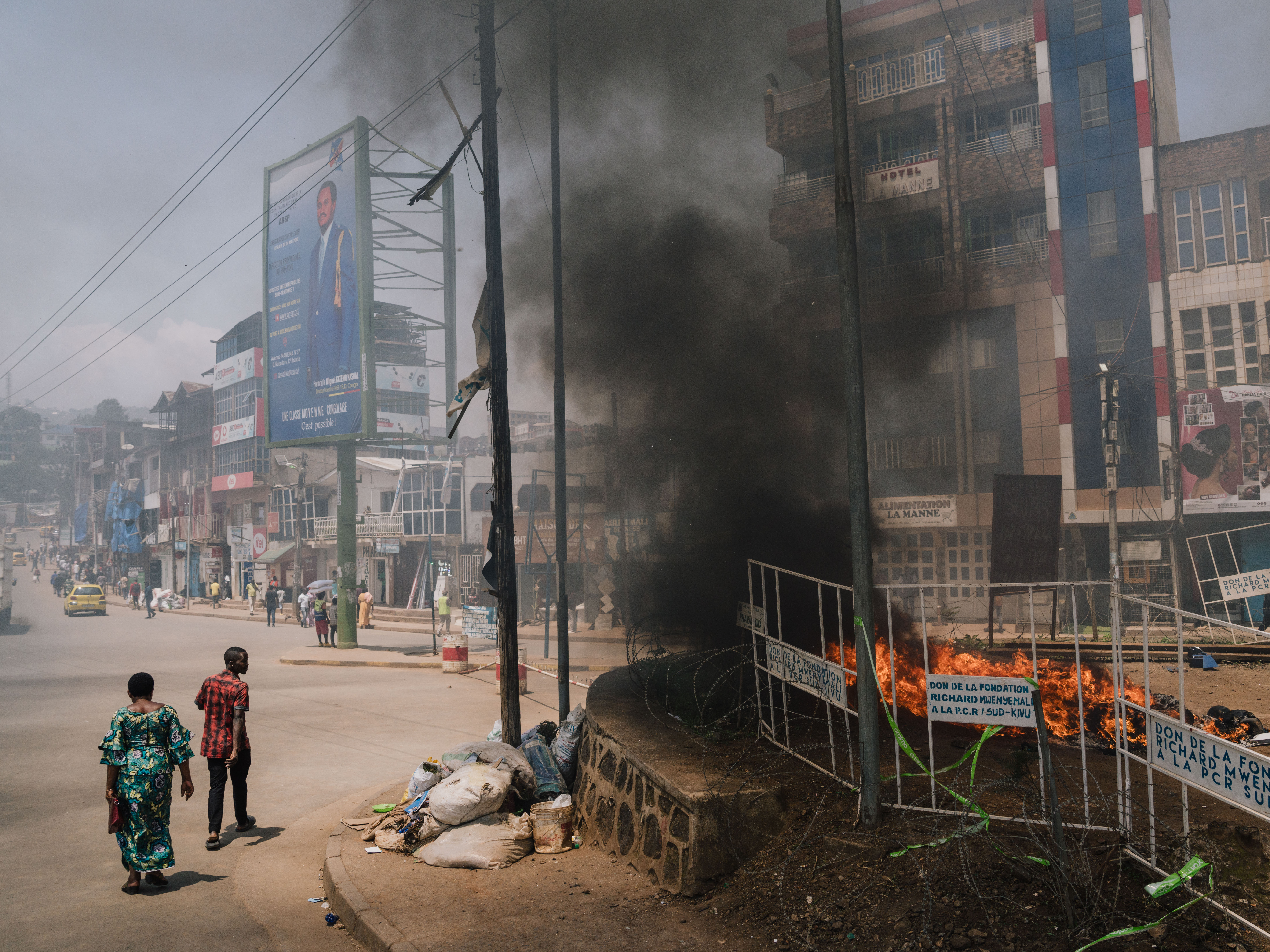 BUKAVU, DEMOCRATIC REPUBLIC OF CONGO - FEBRUARY 20: A fire set by M23 rebel officials to incinerate items seized from an abandoned Congolese National Police post burns in city streets on February 20, 2025 in Bukavu, Democratic Republic of Congo. The Rwandan-backed rebel group M23 swept into Bukavu over the weekend, taking control of the city with a population of approximately one million people in Democratic Republic of the Congo's (DRC) South Kivu Province. Hundreds of thousands of people in the eastern part of the DRC have been displaced as the rebel group has made swift advances against Congolese pro-government forces in recent weeks. (Photo by Hugh Kinsella Cunningham/Getty Images)