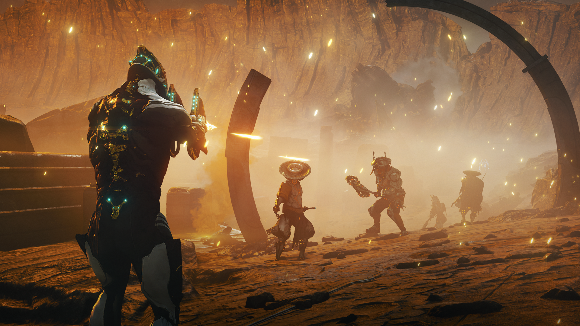An Excalibur Prime warframe fires a pair of submachineguns at rebelling Orokin Dax soldiers in Warframe: The Old Peace.