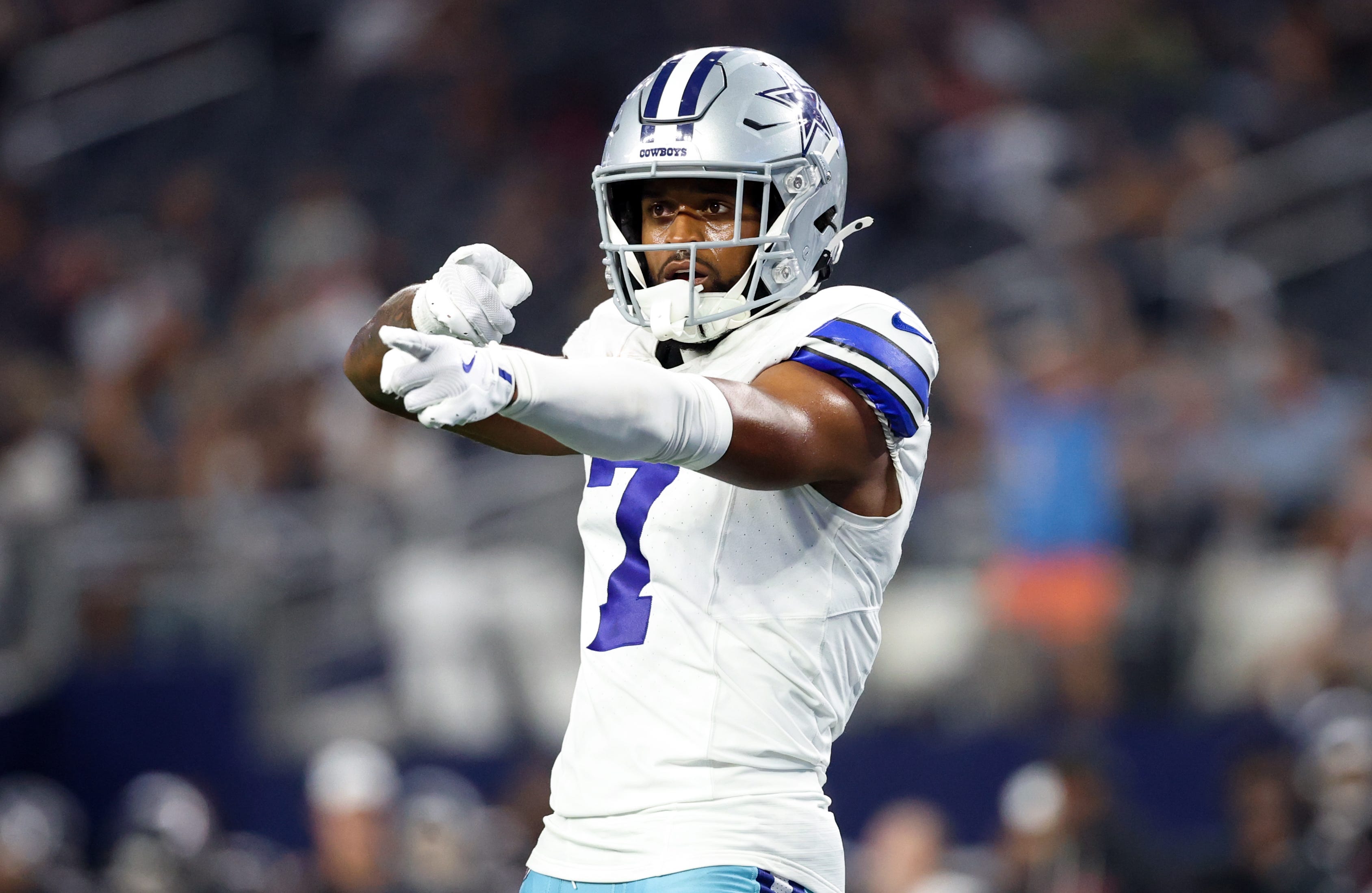 Aug 22, 2025; Arlington, Texas, USA; Dallas Cowboys wide receiver Traeshon Holden (7) reacts during the second half against the Atlanta Falcons at AT&T Stadium. Mandatory Credit: Kevin Jairaj-Imagn Images