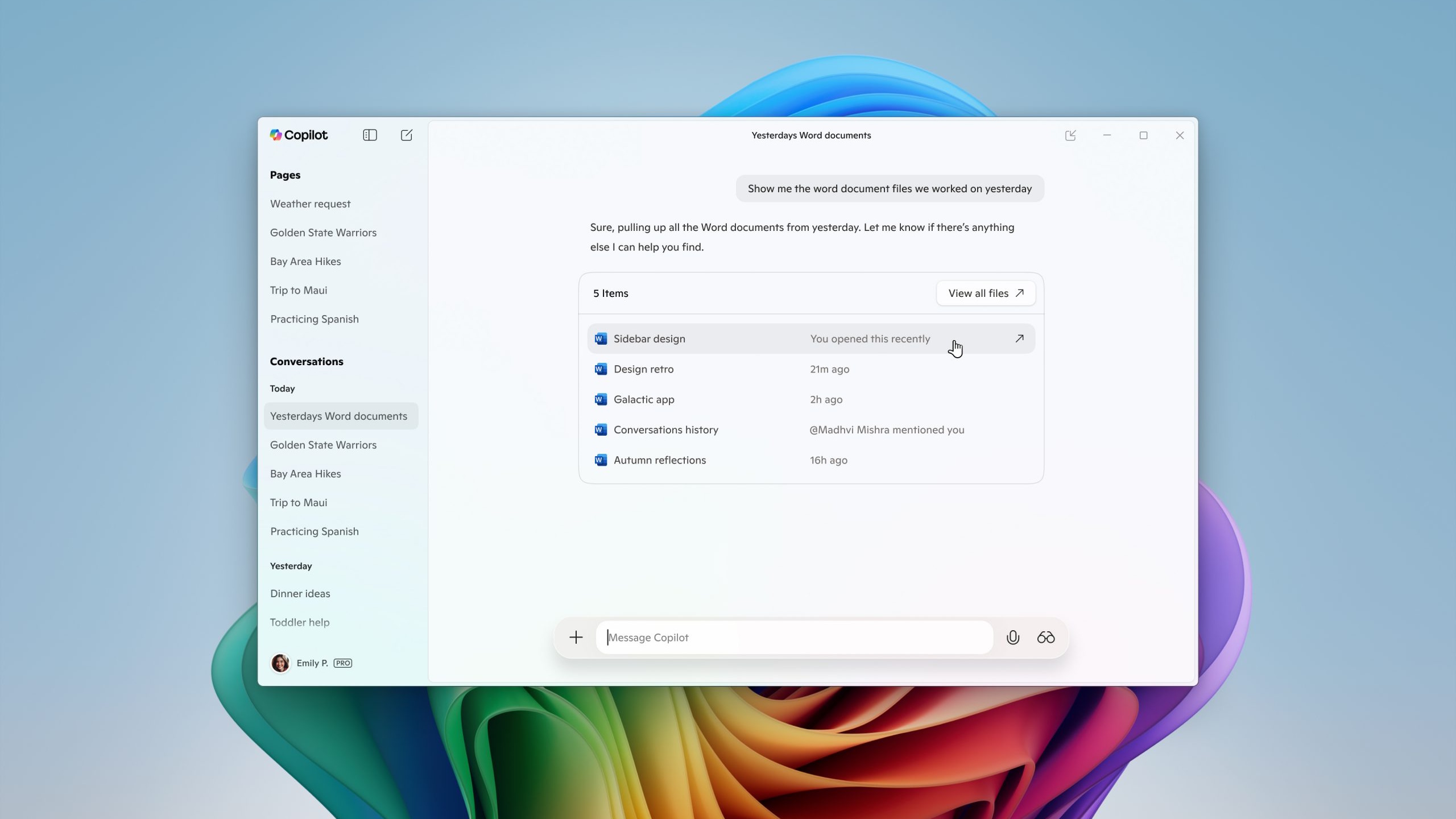 Microsoft Copilot showing file search functionality in Windows 11