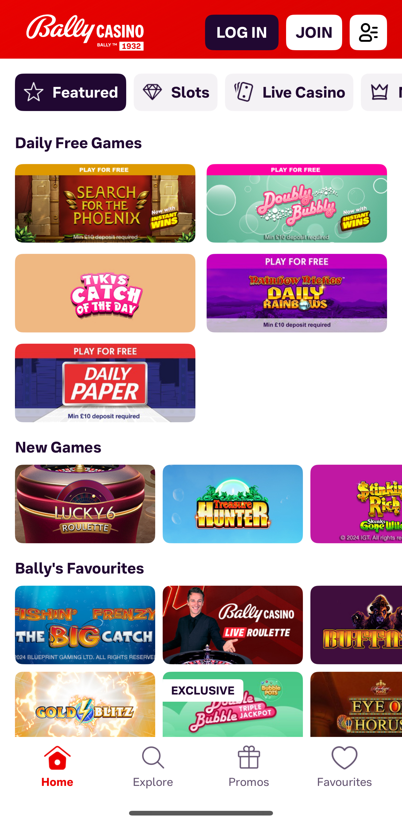 Bally Casino game selection.
