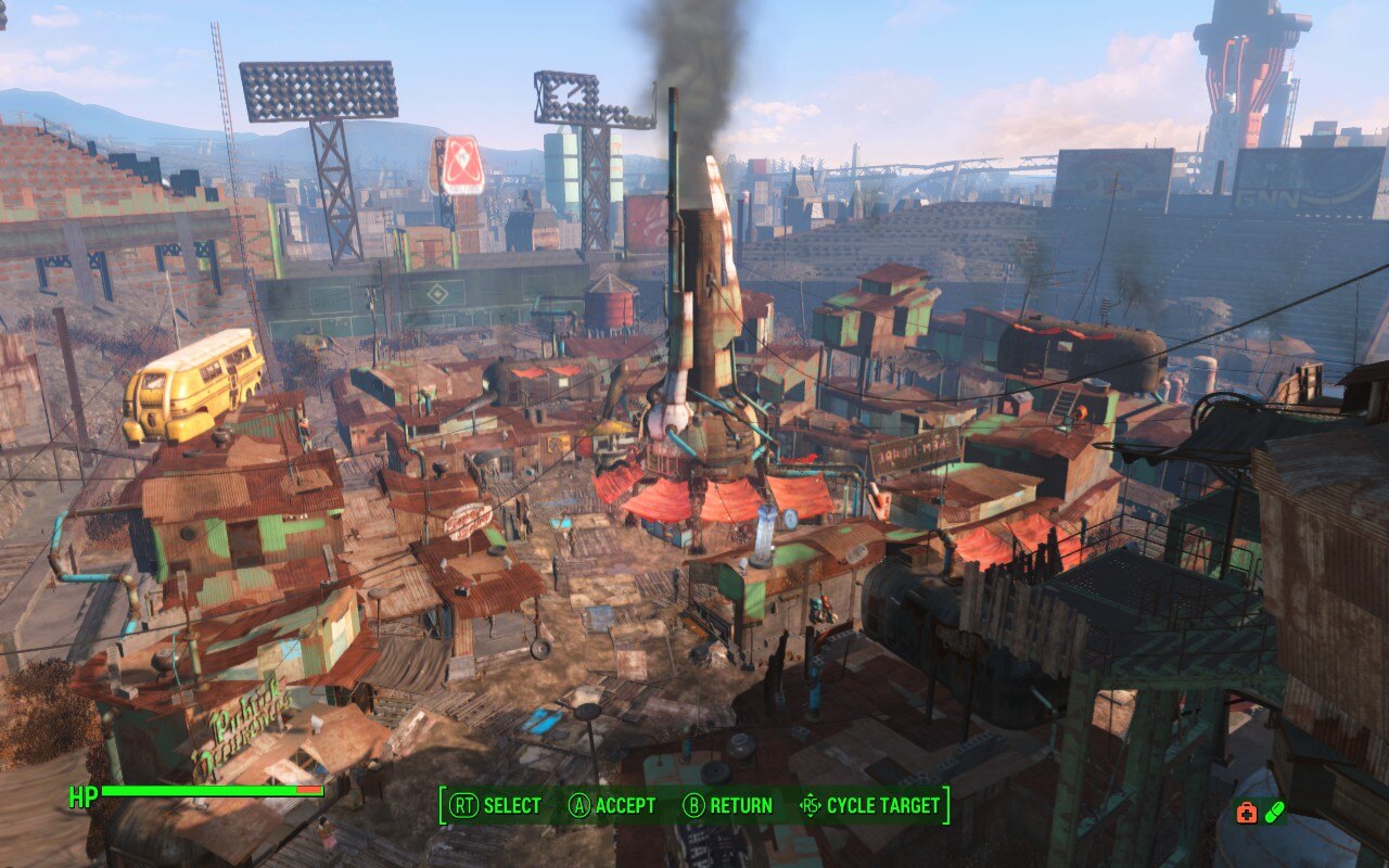 Panoramic view of Diamond City in Fallout 4, a town built into a baseball field.