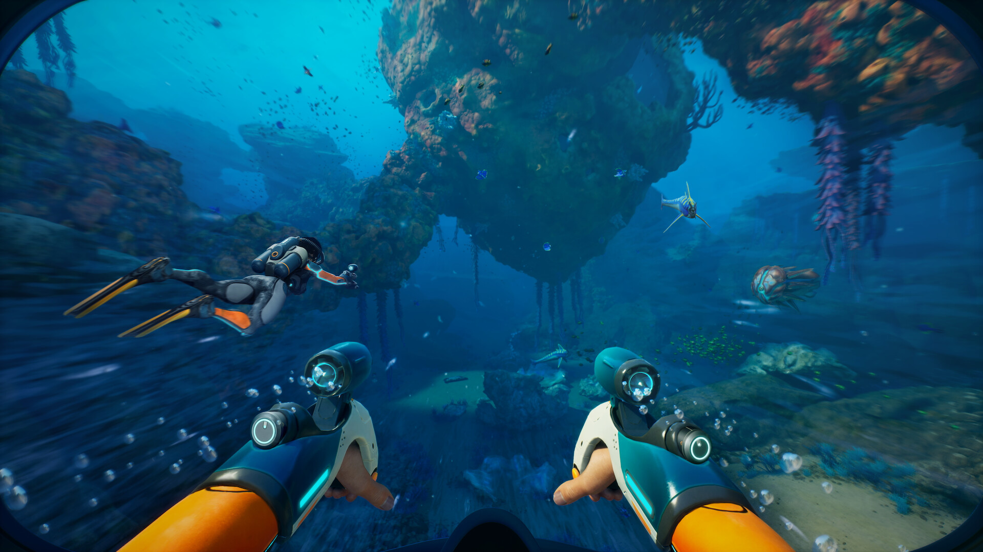 A pair of divers swim through an alien ocean propelled by wrist jets in Subnautica 2.