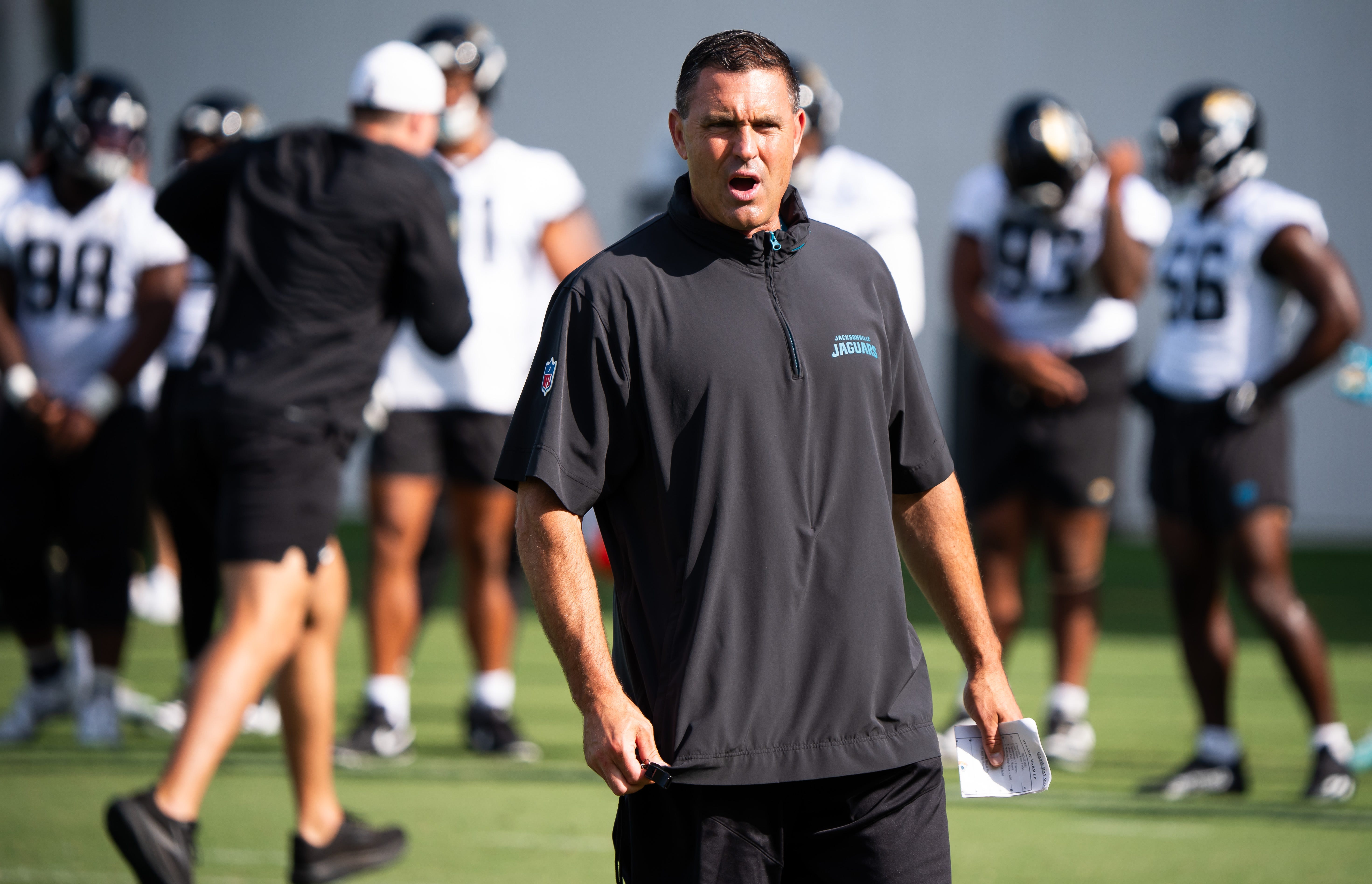 Jacksonville Jaguars Director of Strength and Conditioning, Eric Ciano, barks out orders during the Jacksonville Jaguars' third mandatory minicamp Thursday June 12, 2025 at the Miller Electric Center in Jacksonville, Fla.