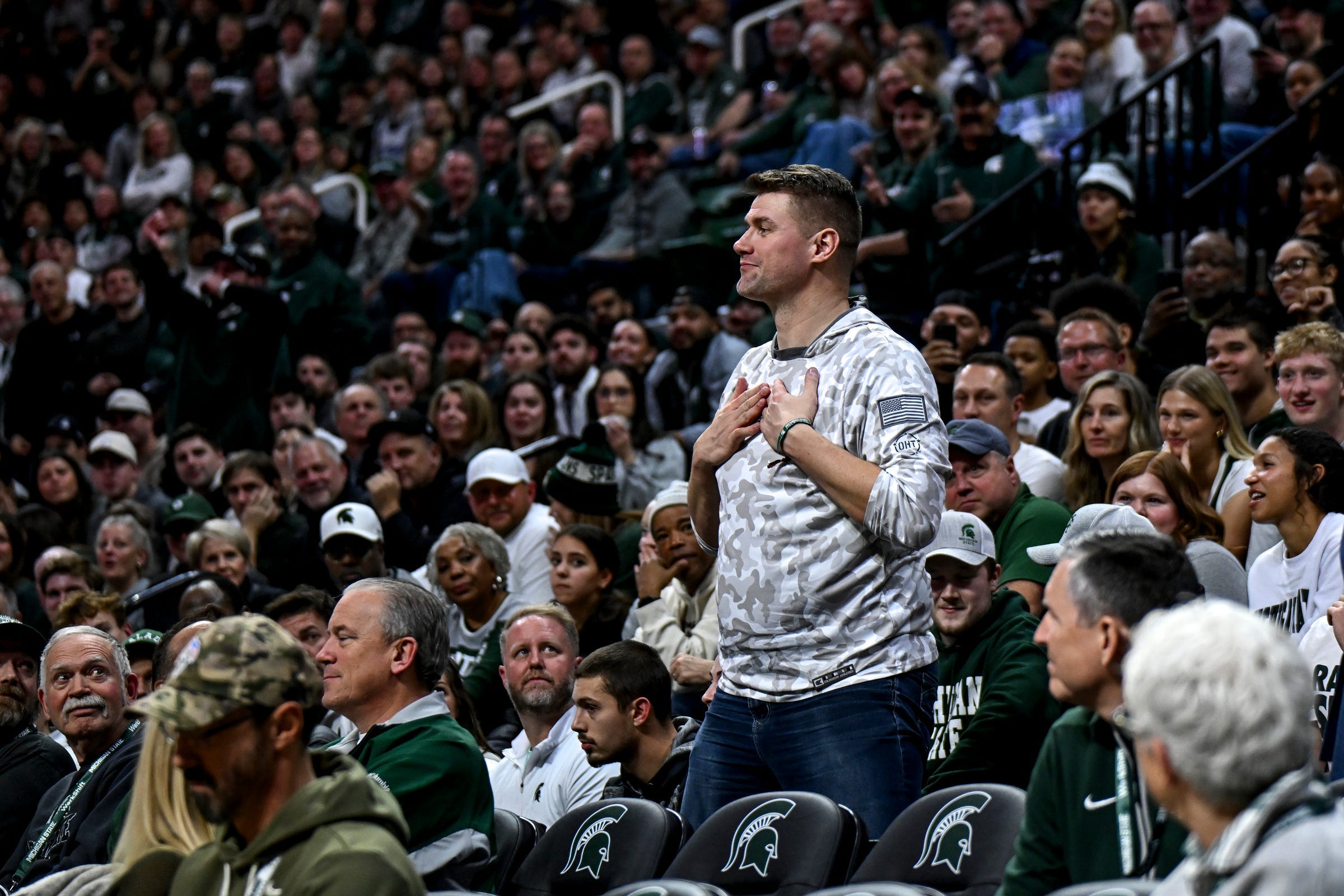 Former Michigan State basketball standout Paul Davis gestures as he is ejected from the Spartans' game against USC during the second half on Monday, Jan. 5, 2026, at the Breslin Center in East Lansing.