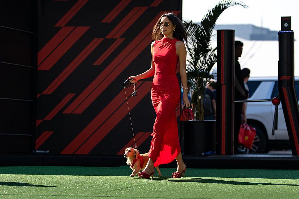Picture of Alexandra Saint Mleux in a red maxi dress walks a sausage dog in a matching red harness across some grass