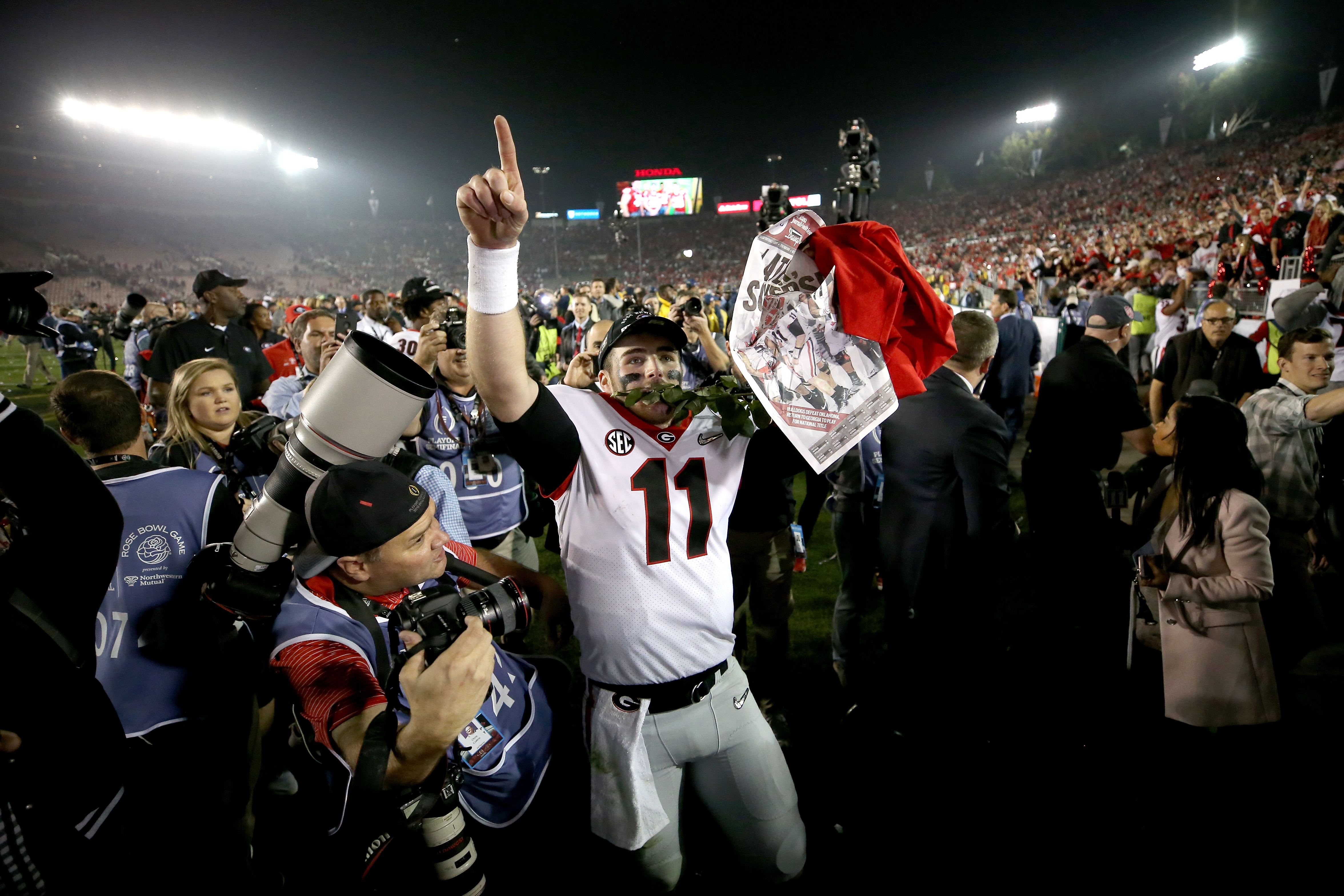 PASADENA, CA - JANUARY 01: Jake Fromm #11 of the Georgia Bulldogs celebrates after the Bulldogs beat the Oklahoma Sooners in the 2018 College Football Playoff Semifinal Game at the Rose Bowl Game presented by Northwestern Mutual at the Rose Bowl on January 1, 2018 in Pasadena, California. (Photo by Matthew Stockman/Getty Images)
