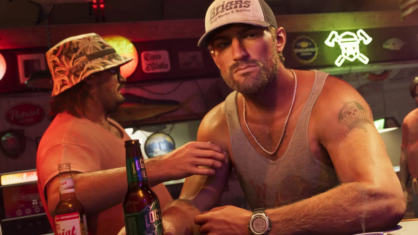 Jason from GTA 6 with a short beard in a bar