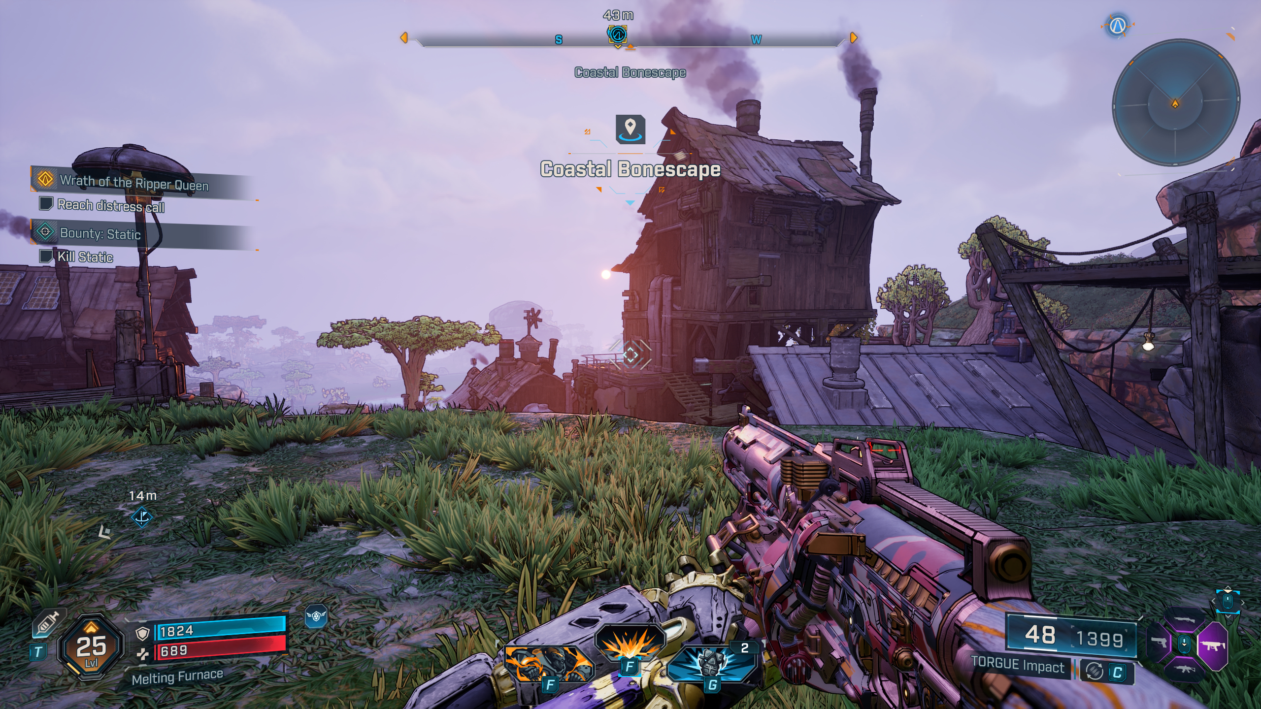 Borderlands 4 Maurice's Black Market location: A player looking at the balcony of a tall wooden building in the distance as the sun sets.