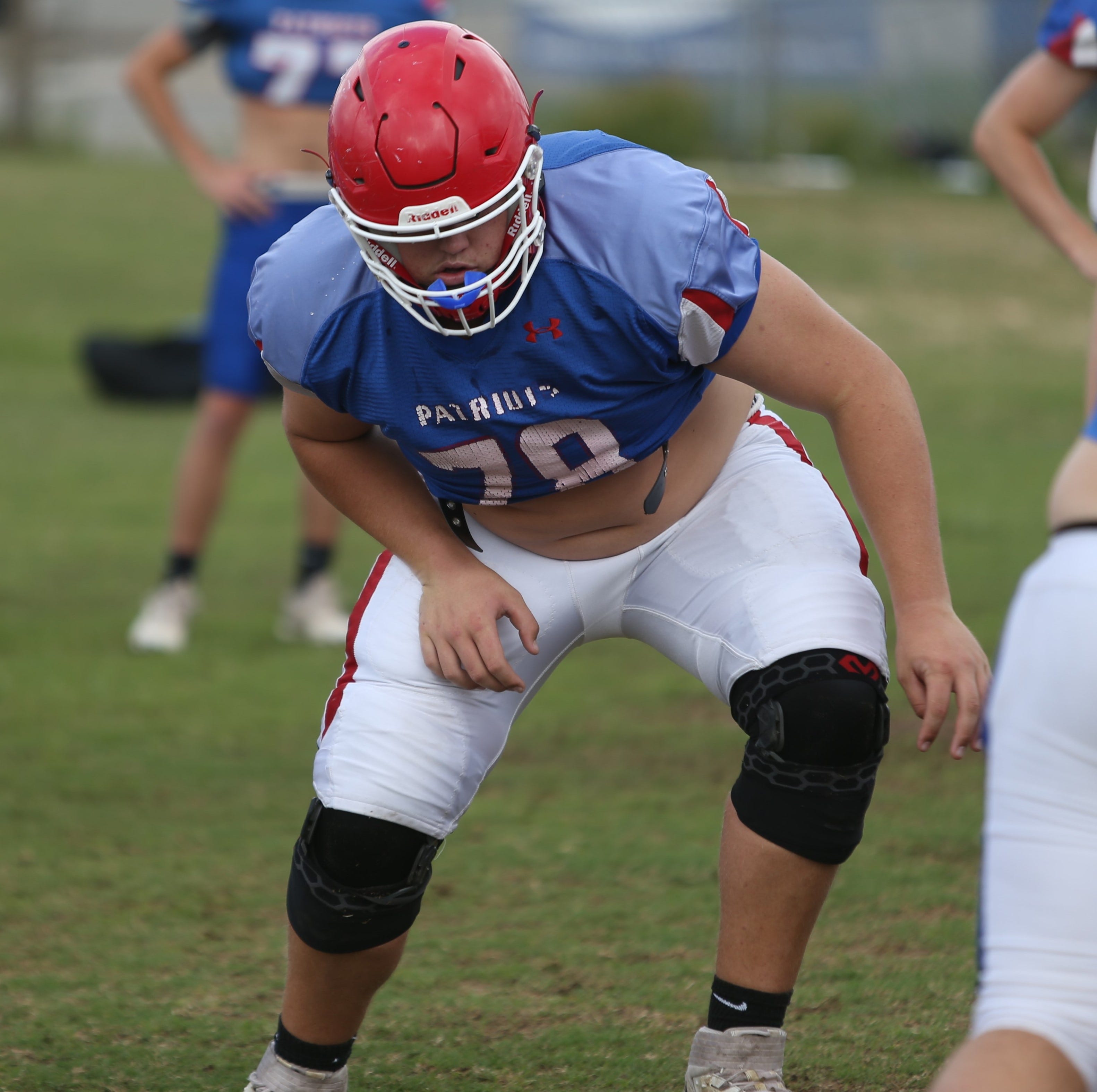 Pace's Mason Mathis (78) competes in a drill during a spring practice on Monday, May 12, 2025, at Pace High School.