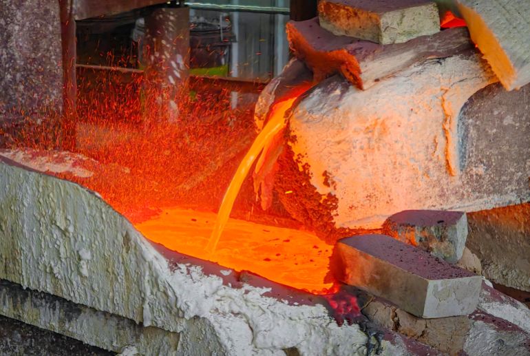 Molten copper is poured in a workshop which recycles copper in Anqing, in China&rsquo;s eastern Anhui province on July 11, 2025. (Photo by AFP) / CHINA OUT
