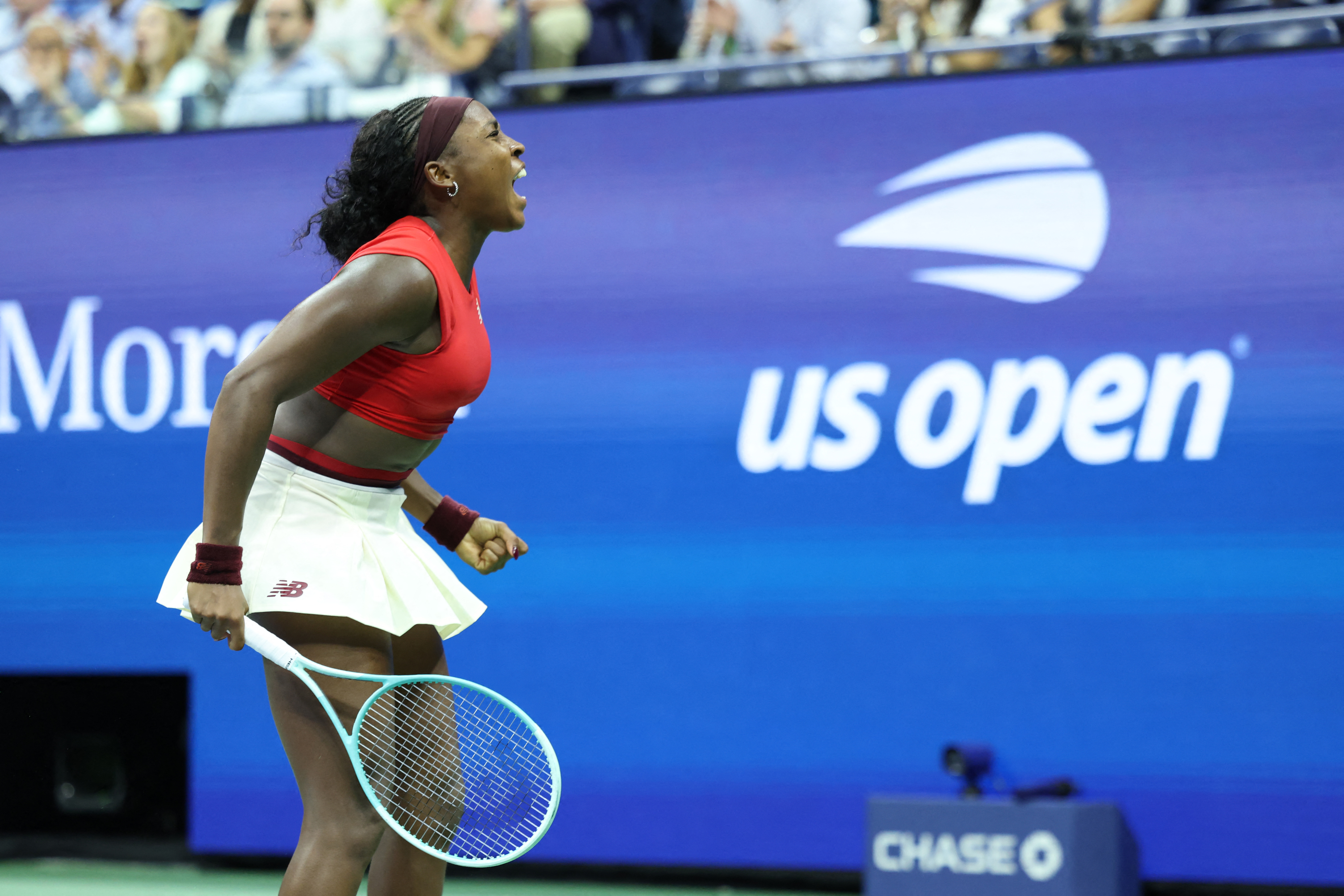 USA's Coco Gauff celebrates after winning her women's singles first round tennis match against Australia's Ajla Tomljanovic on day three of the US Open tennis tournament at the USTA Billie Jean King National Tennis Center in New York City, on August 26, 2025. (Photo by CHARLY TRIBALLEAU / AFP) (Photo by CHARLY TRIBALLEAU/AFP via Getty Images)