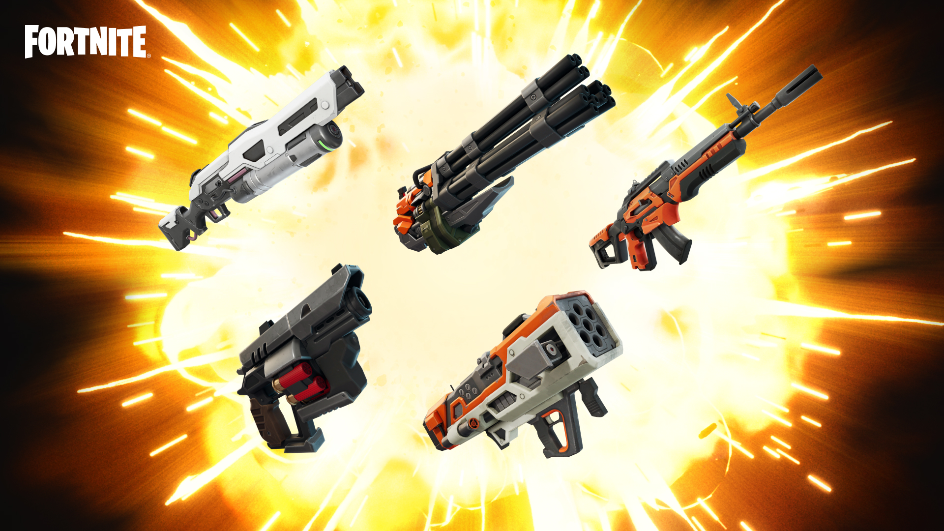 Five weapons shown against an explosion background: a shotgun, a minigun, an assault rifle, a pistol and a rocket launcher