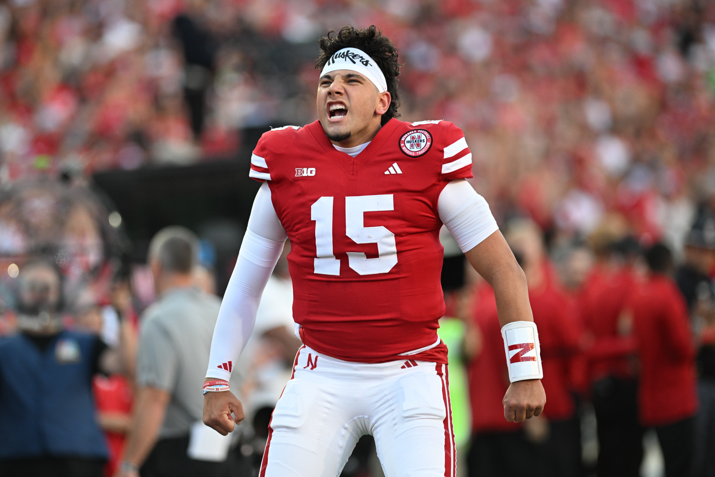 LINCOLN, NEBRASKA - SEPTEMBER 7: Dylan Raiola #15 of the Nebraska Cornhuskers warms up before the game against the Colorado Buffaloes at Memorial Stadium on September 7, 2024 in Lincoln, Nebraska. (Photo by Steven Branscombe/Getty Images)