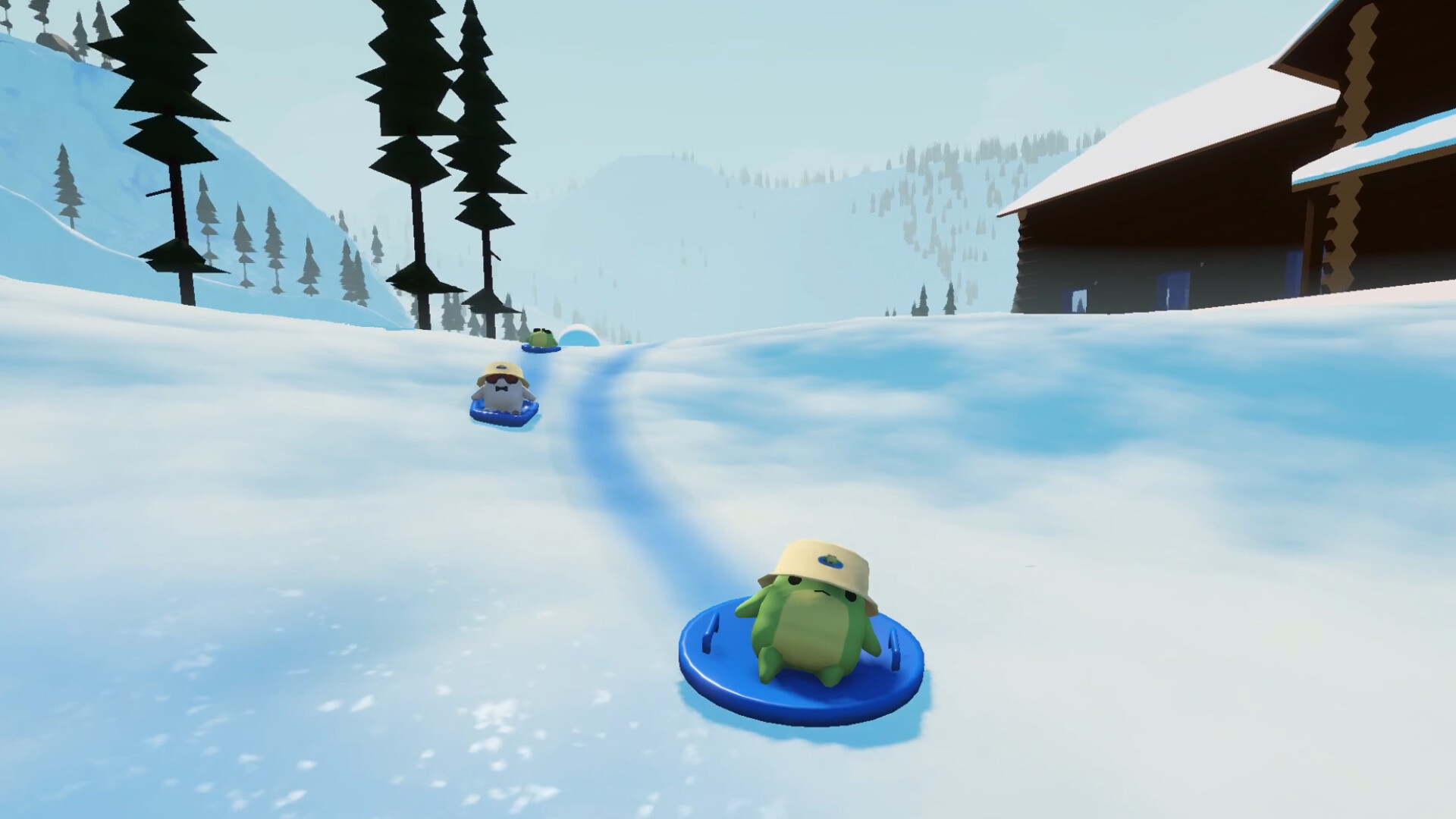 A green figure sleds down a snowy mountain