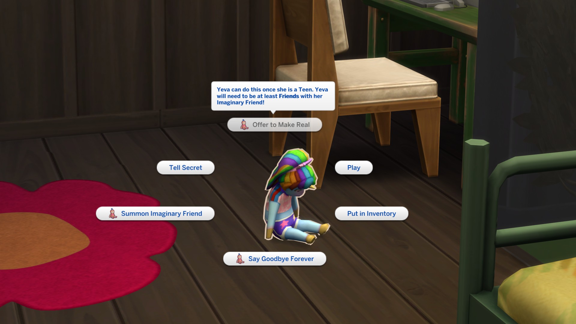 Options when interacting with the ImagineMe Doll in The Sims 4 Adventure Awaits. The top option reads 