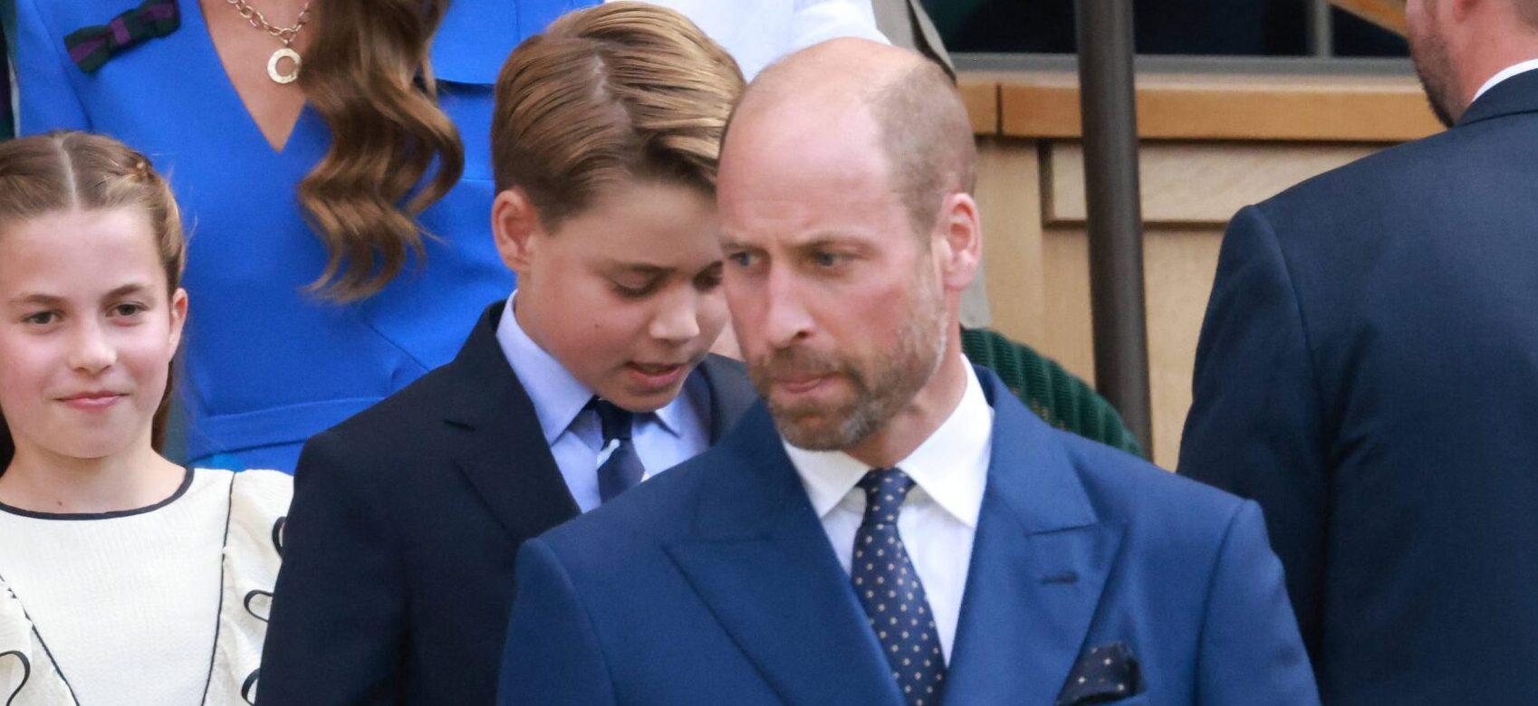 Prince William, The Prince of Wales, Prince George, Princess Charlotte and Catherine, The Princess of Wales watch on as Carlos Alcaraz celebrates a point on day fourteen of the 2025 Wimbledon Championships at the All England Lawn Tennis and Croquet Club, London