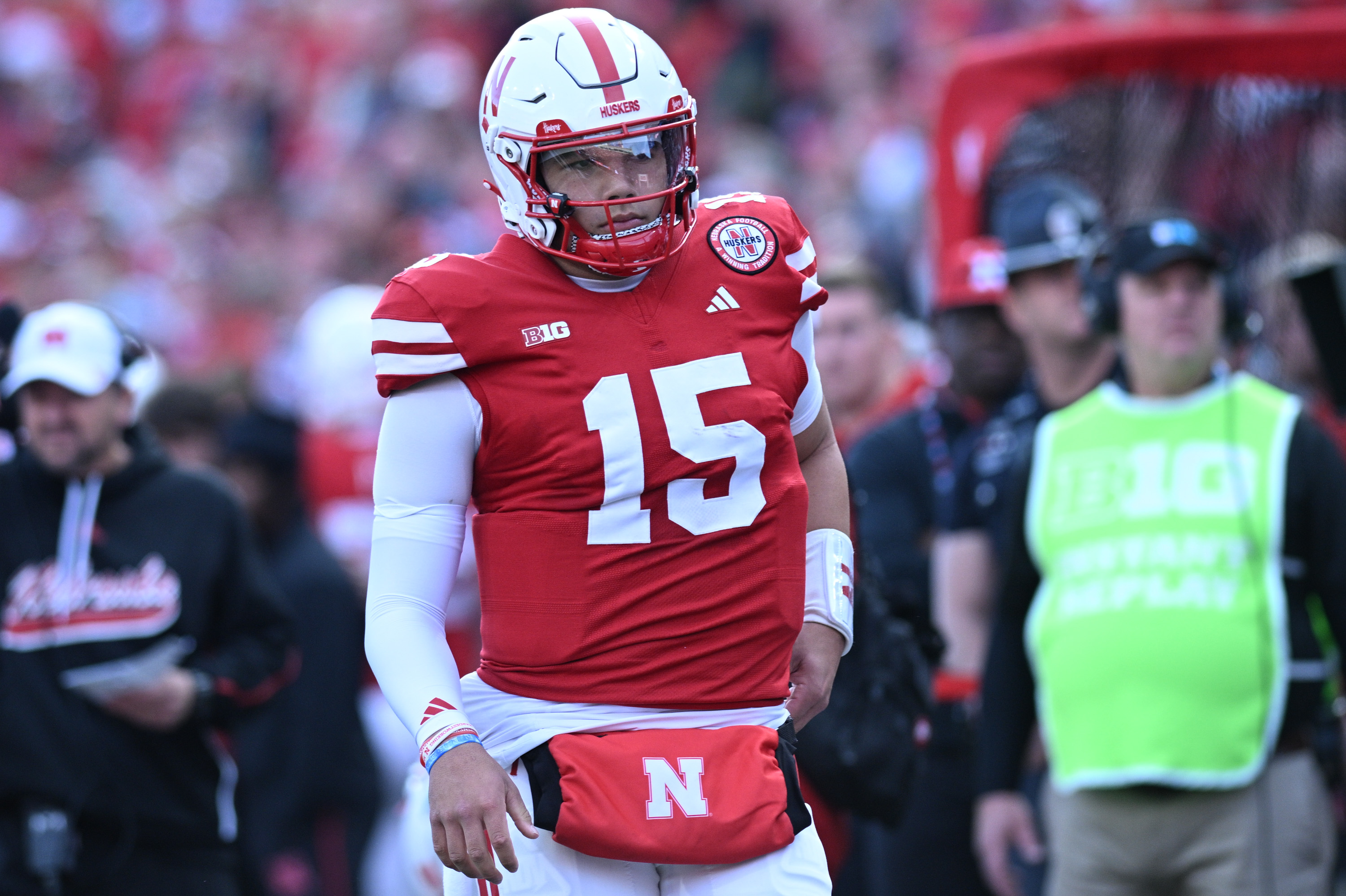 LINCOLN, NEBRASKA - NOVEMBER 23: Dylan Raiola #15 of the Nebraska Cornhuskers on the sidelines against the Wisconsin Badgers at Memorial Stadium on November 23, 2024 in Lincoln, Nebraska. (Photo by Steven Branscombe/Getty Images)