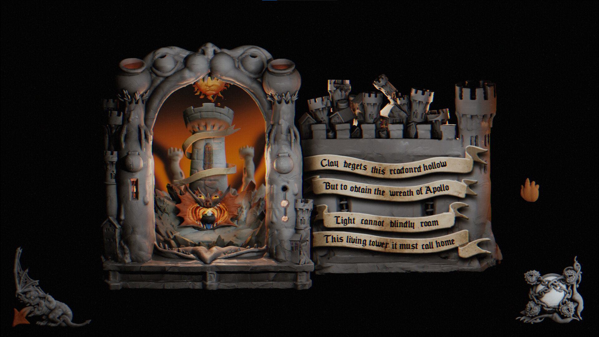 All Living Things scene showing unfurling scroll of text next to image of tower in tactile miniature setup.