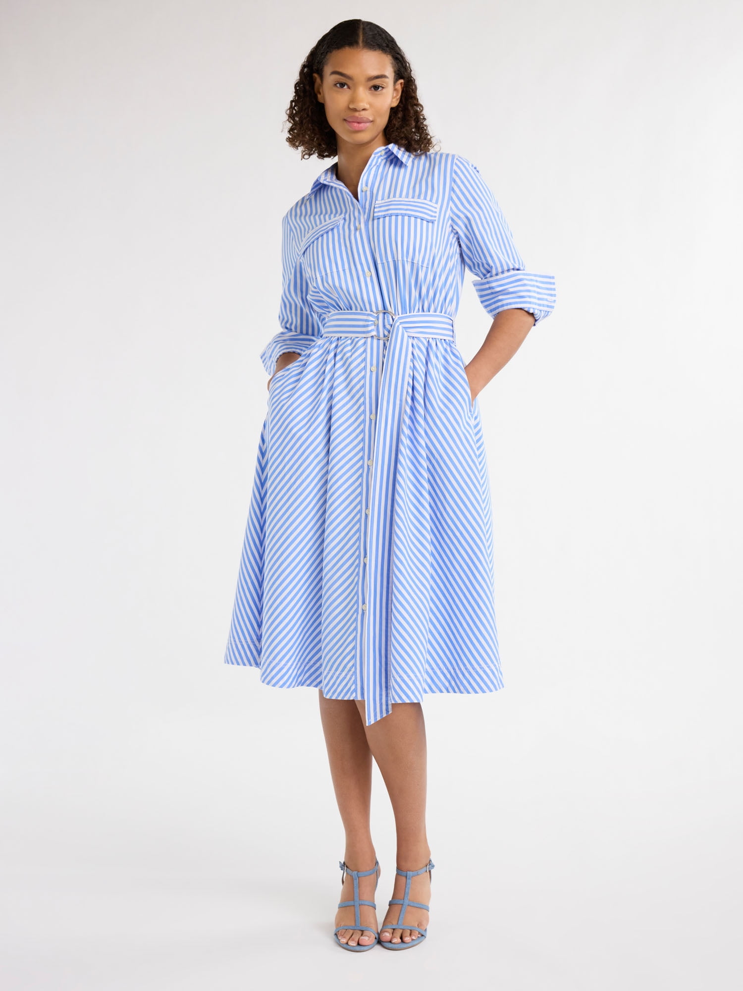 Free Assembly Women's and Women's Plus Belted Midi Shirtdress with Long Sleeves, Sizes XS-4X