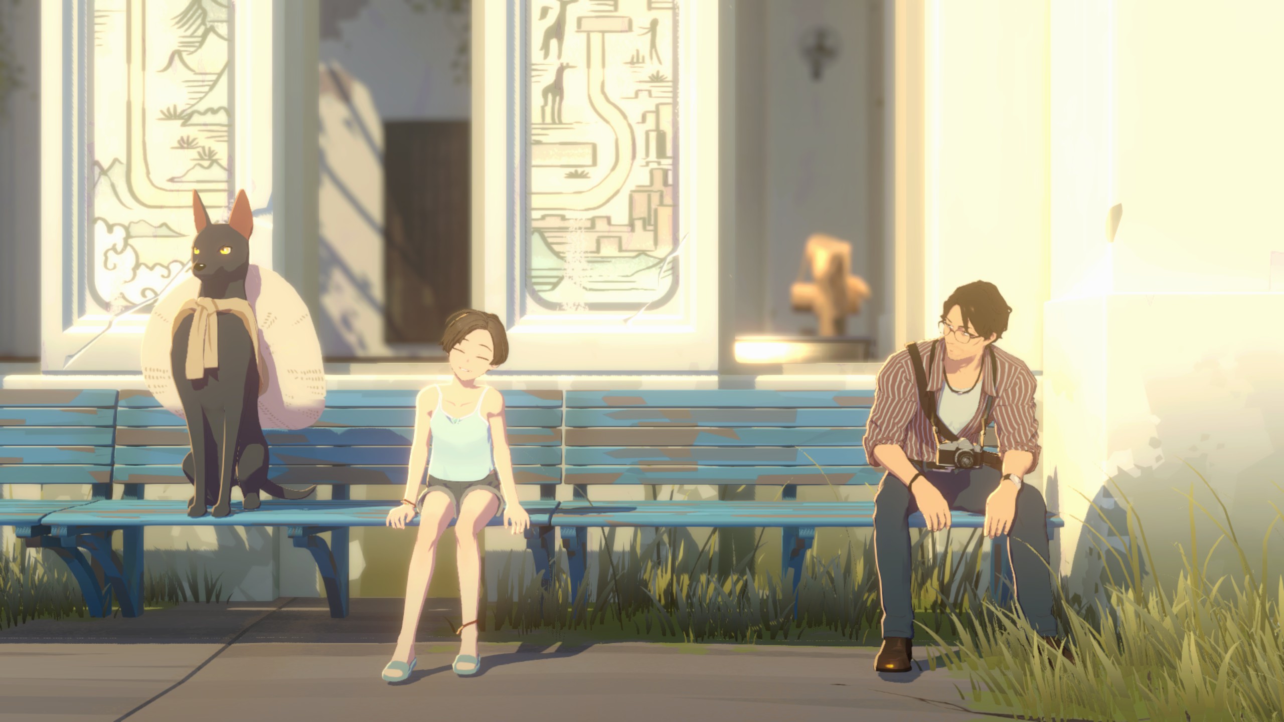 Ren, Eugene, and a magic dog sit on a train platform.