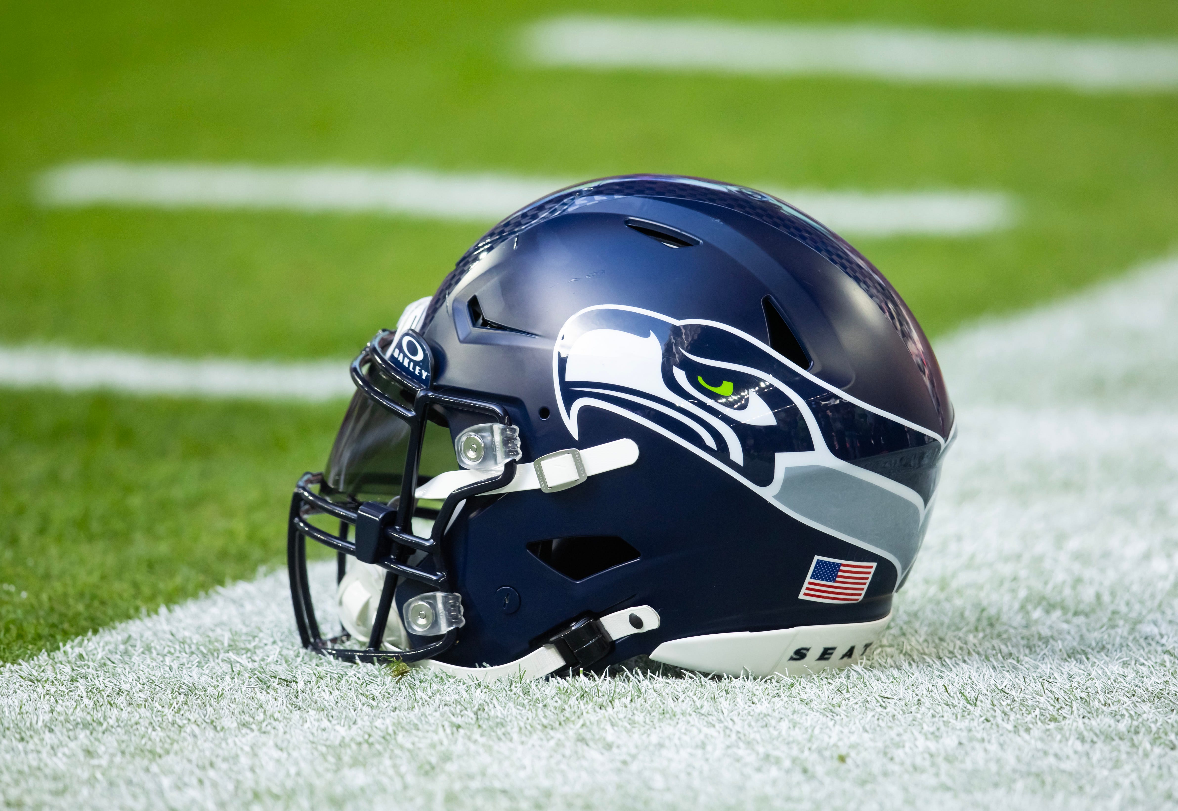 Detailed view of a Seattle Seahawks helmet at State Farm Stadium.
