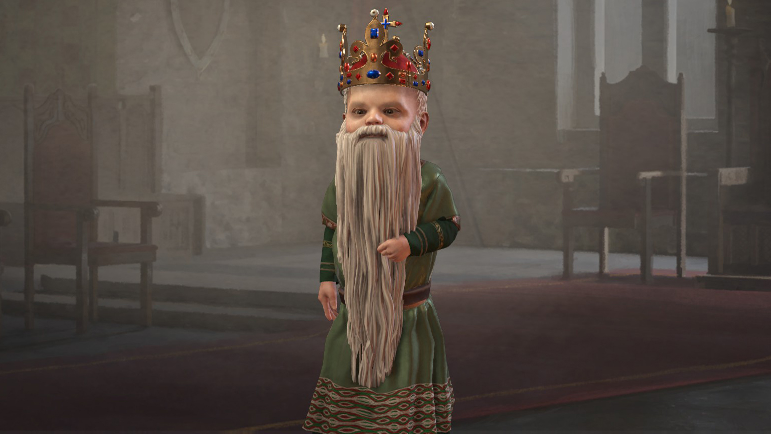 A baby king with a long, grey beard in Crusader Kings 3.