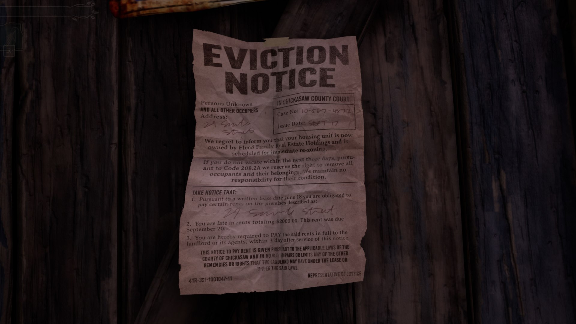 An in-game eviction Notice from South of Midnight tapped to a rotting old building.