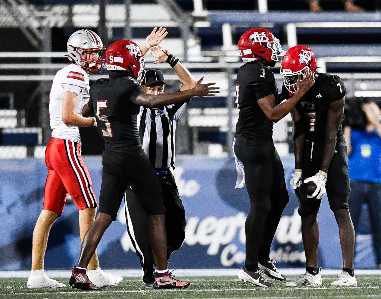 Jordan Crutchfield (7) of Vero Beach celebrates an interception in the FHSAA Class 7A state championship against Lake Mary, Dec. 13, 2025, at Pitbull Stadium in Miami.