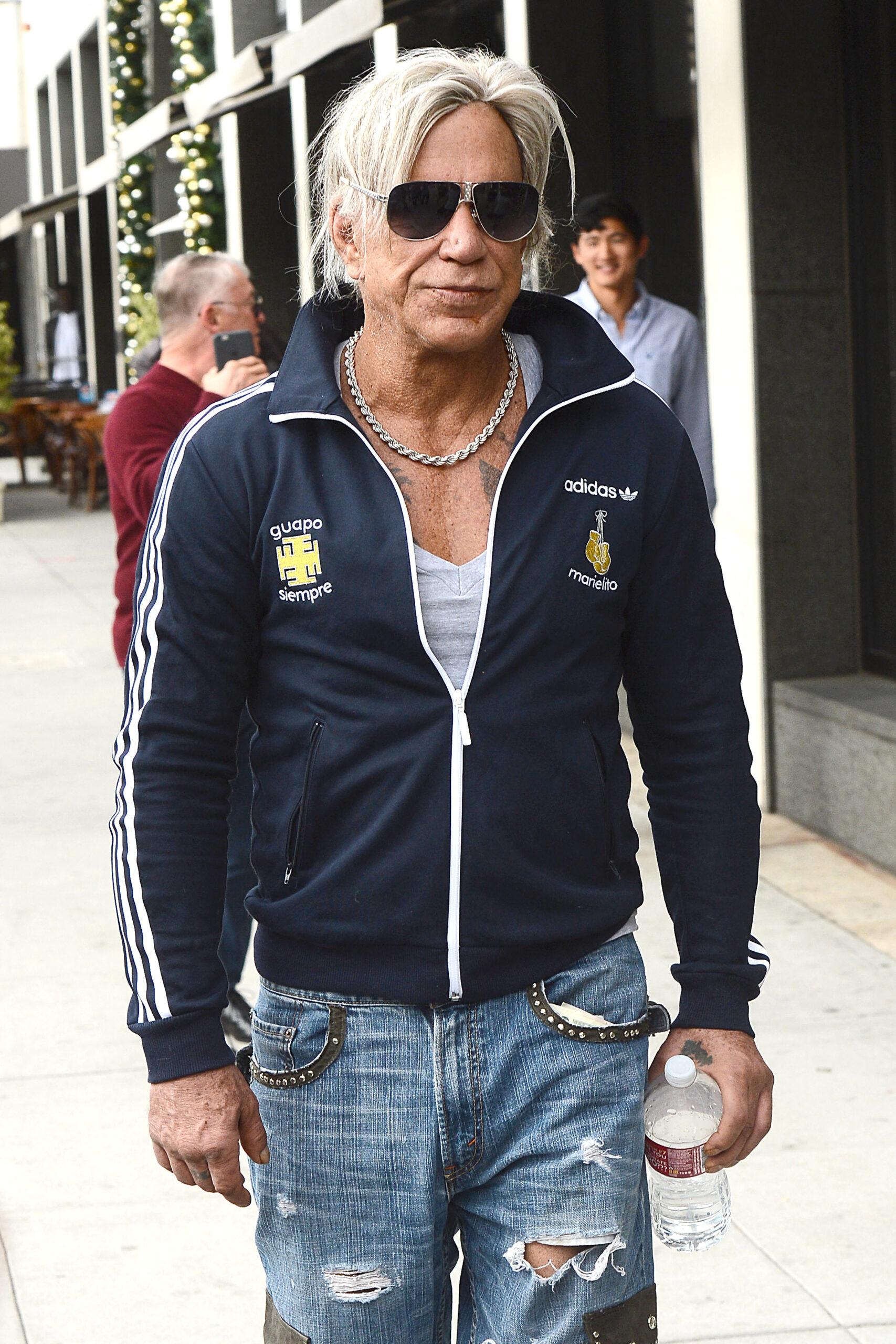 Mickey Rourke walking in Beverly Hills.