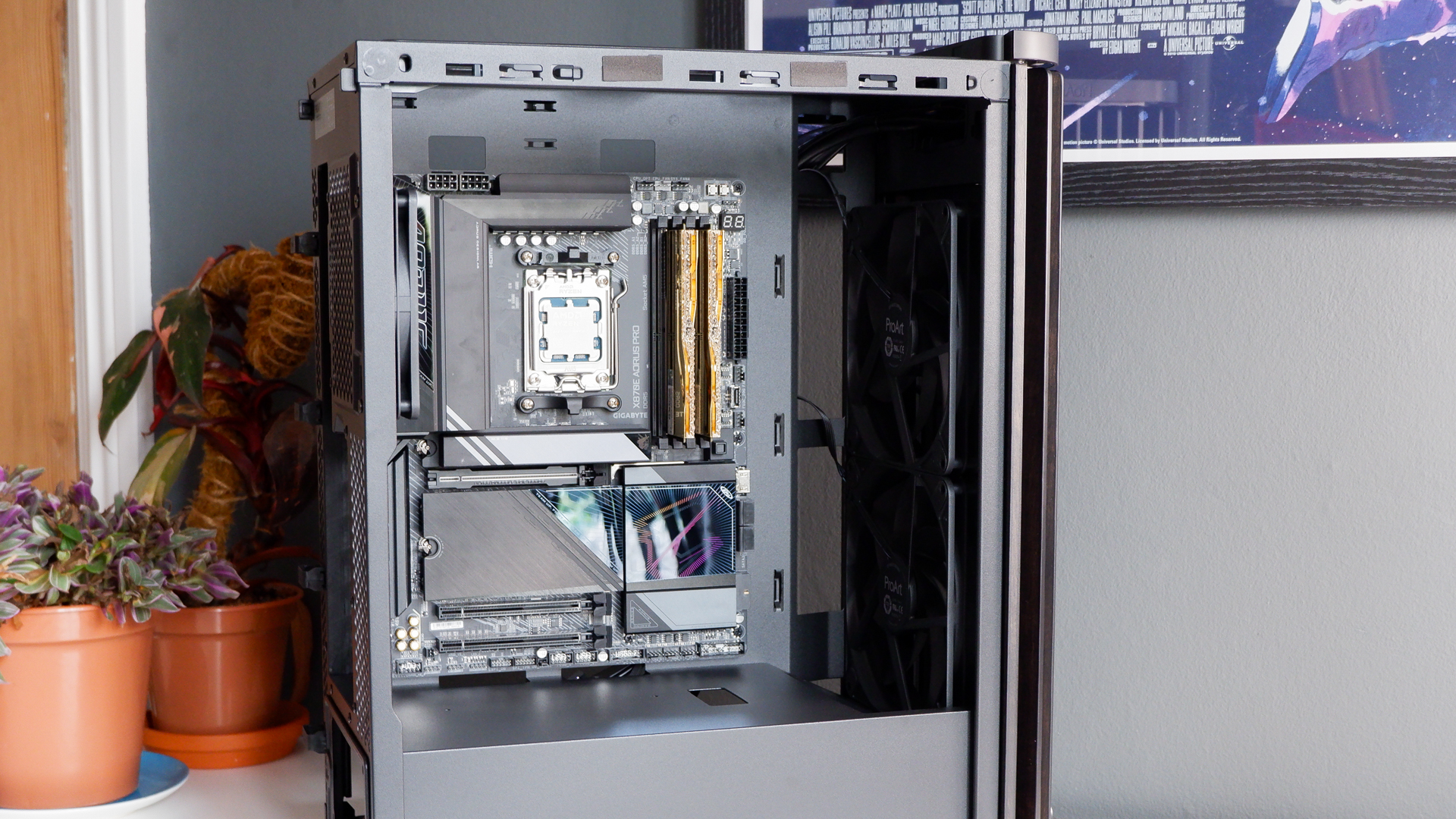 A gaming PC in the process of being built, using Radeon and Ryzen components and an Asus Pro Art PA401 PC case.