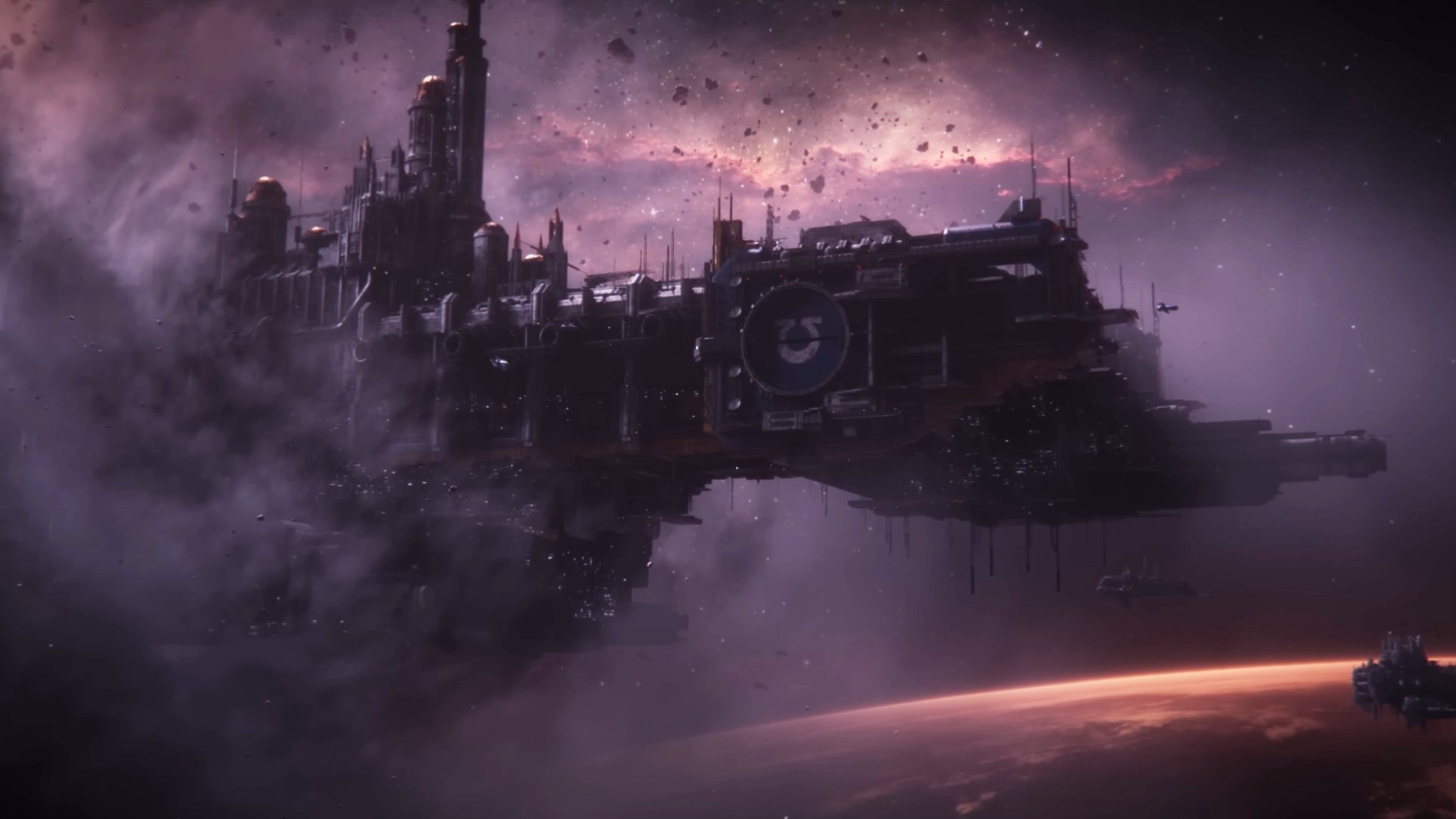 Total War: Warhammer 40k - Battle barge emerging from dust