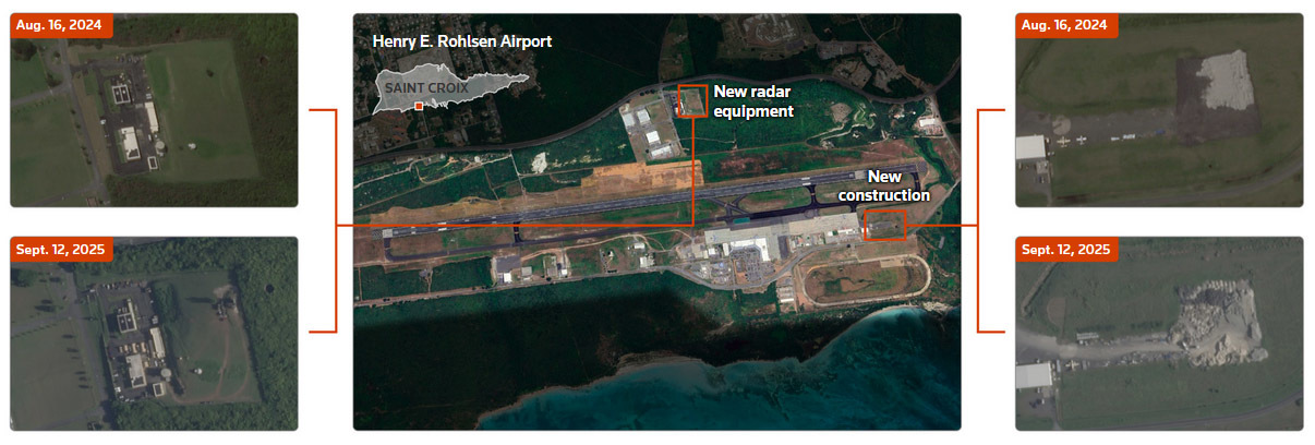 卫星图像显示，圣克罗伊岛亨利&middot;罗尔森机场正在施工