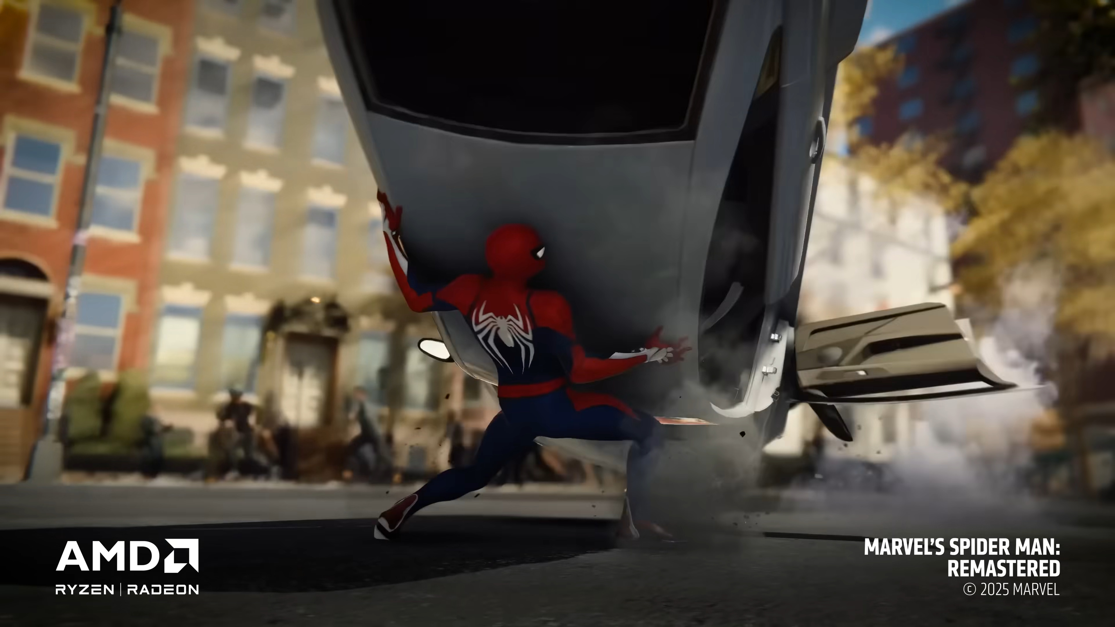 A still from a YouTube trailer for AMD's FSR 4 upscaling tech, showing Spider Man catching a car